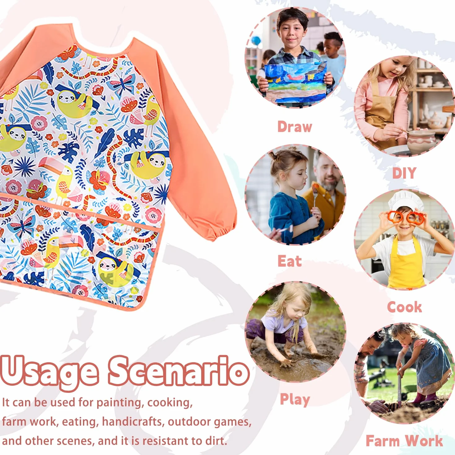 Tablier Enfants Imperméable Manches Longues Poche Peindre Cuisiner 3-8 Ans
