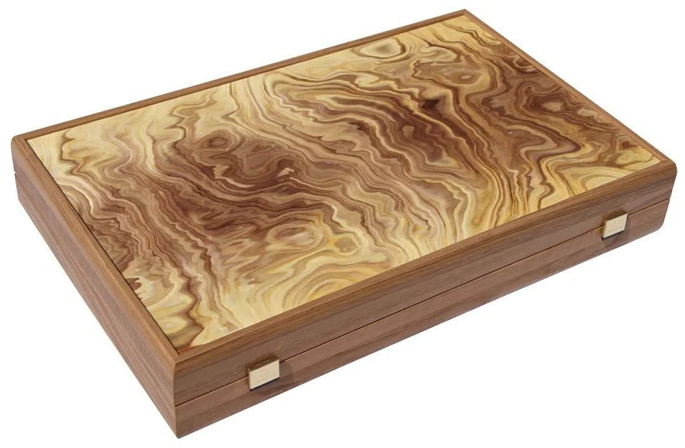 Manopoulos Luxury Olive Burl 15-inch Backgammon Set with Side Storage and Accessories