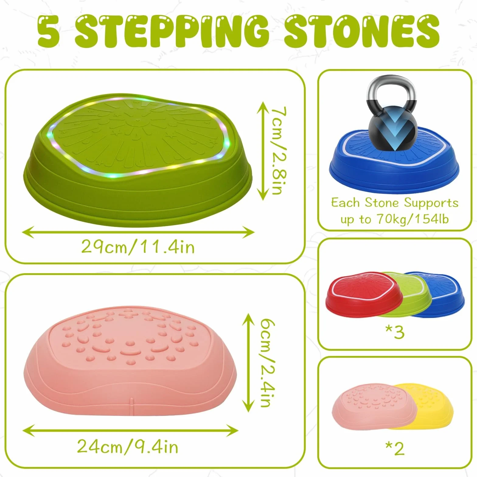 Pierres d'Équilibre Enfants 5PCS Parcours Motricité avec Musique et Lumière – Formation d'Équilibre Antidérapantes Jouets Sensoriels Int-Ext 3-8 Ans 70 kg