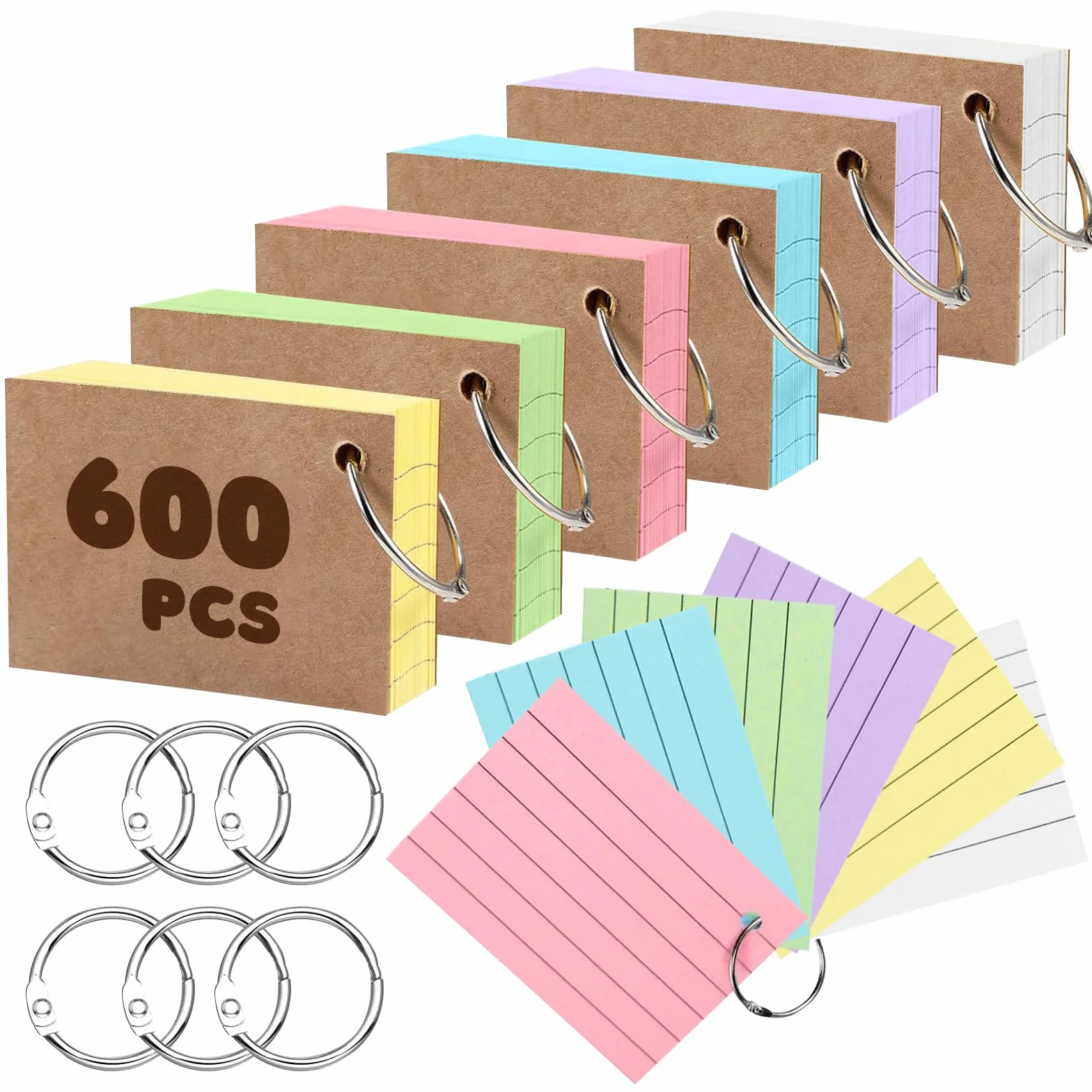 Fiches Bristol A8 Lignées 600 Cartes d’Index Couleurs 6 Anneaux de Reliure