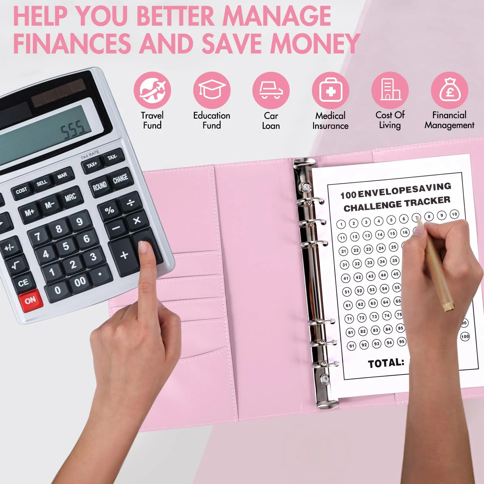Planificateur de Budget 100 Enveloppes A5 Portefeuille Économie 5050 (Rose)