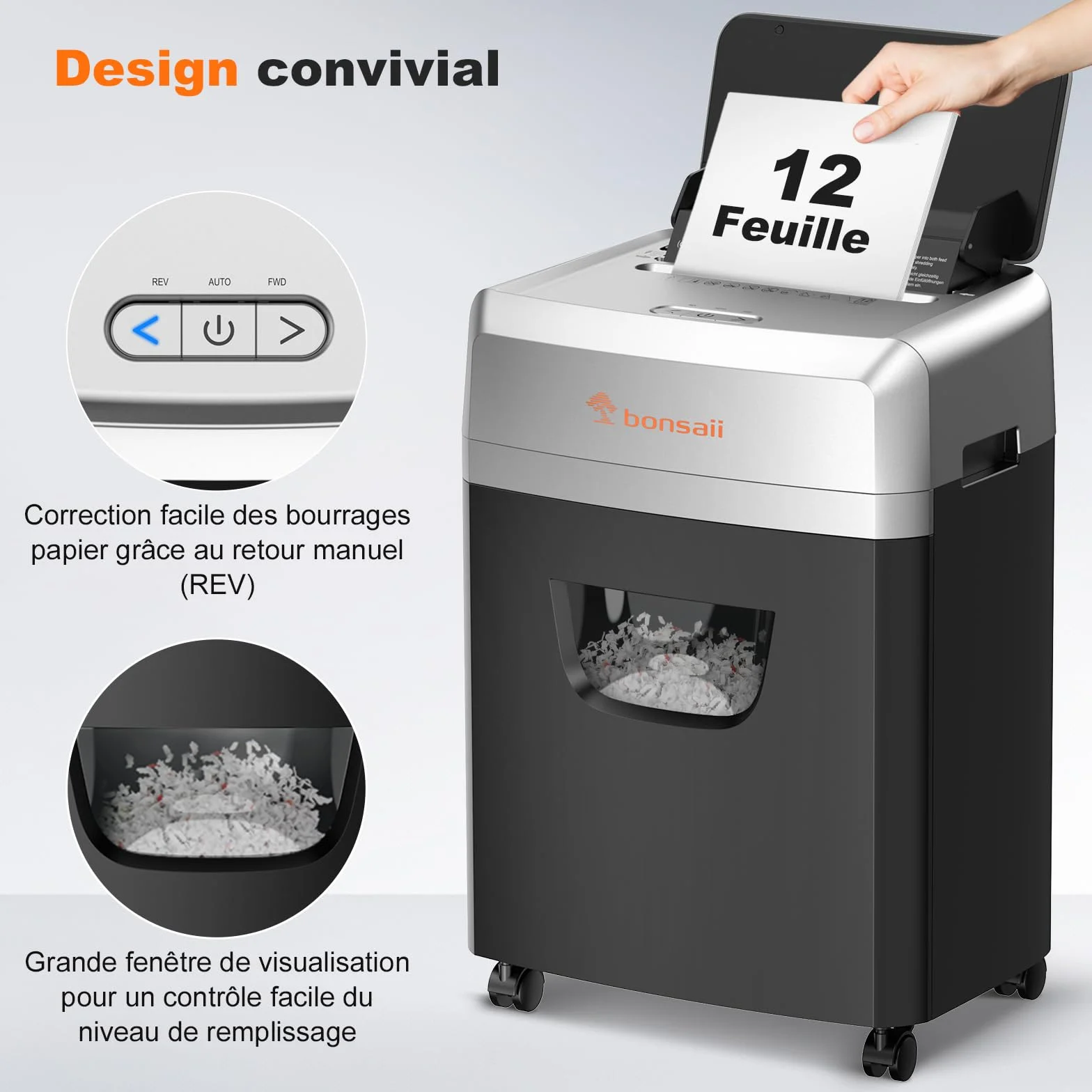 Bonsaii Destructeur de Documents Alimentation Automatique 160 Feuilles Coupe Croisée P-4 60 Minutes Fonctionnement Continu Bac 23 Litres C290-A