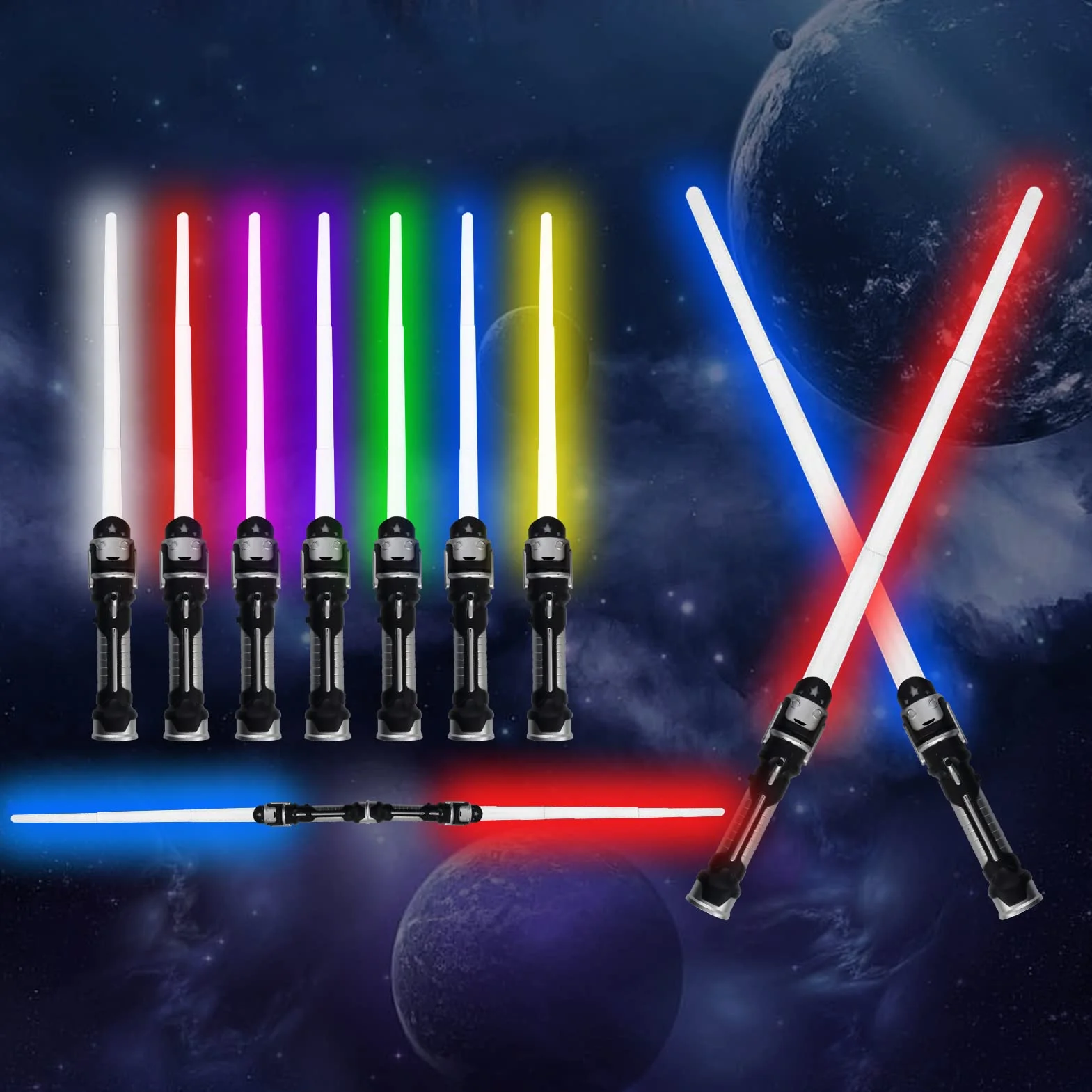 Sabre Laser Double Lame RGB 7 Couleurs Métal avec Mode Effet Sonore Film 2 en 1 Rétractable