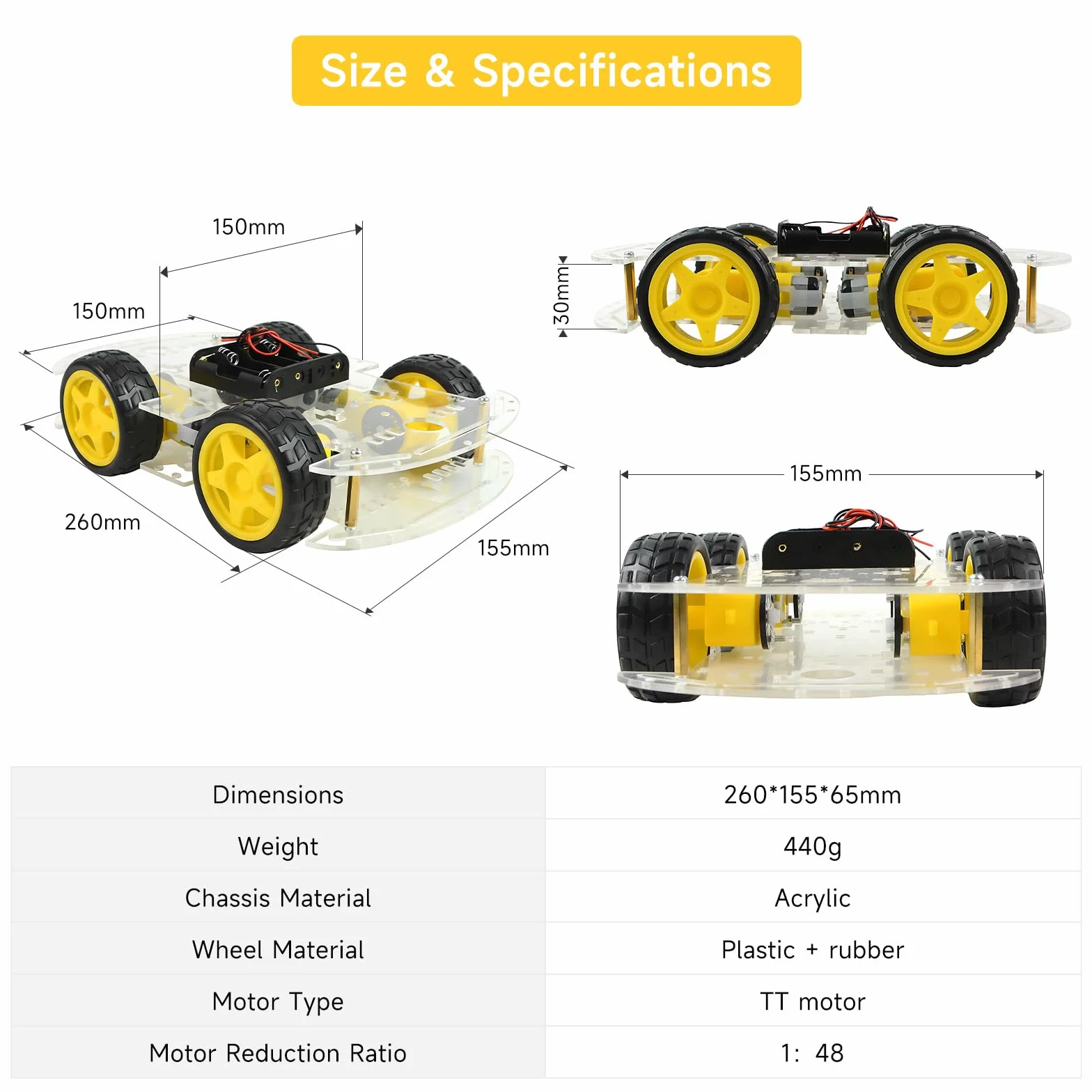 Kit de châssis robot 4WD avec moteur TT, châssis acrylique, 4 roues pour Arduino