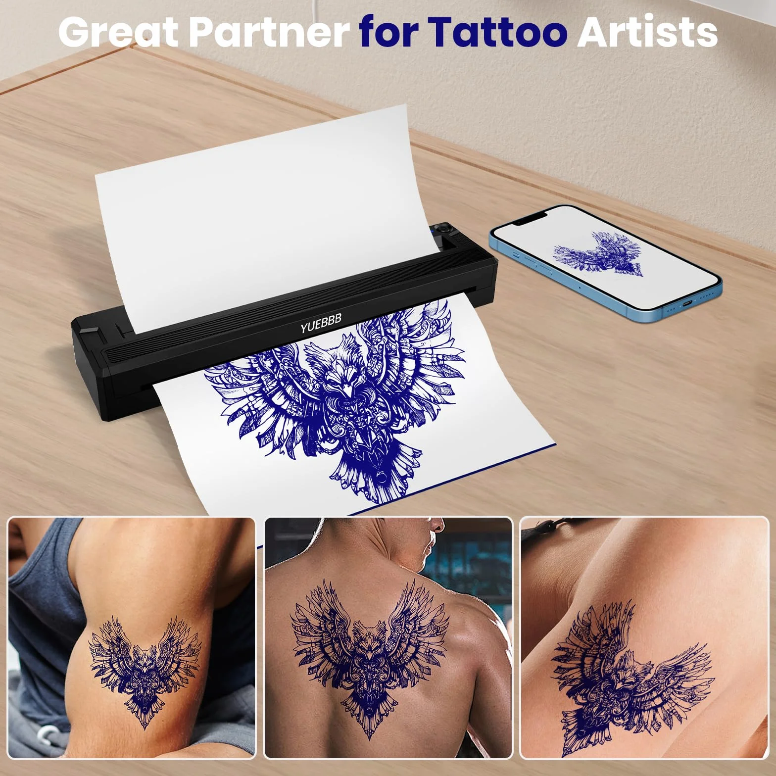 Imprimante de Pochoirs de Tatouage, Transfert Thermique Bluetooth, Compatible Smartphone et Ordinateur