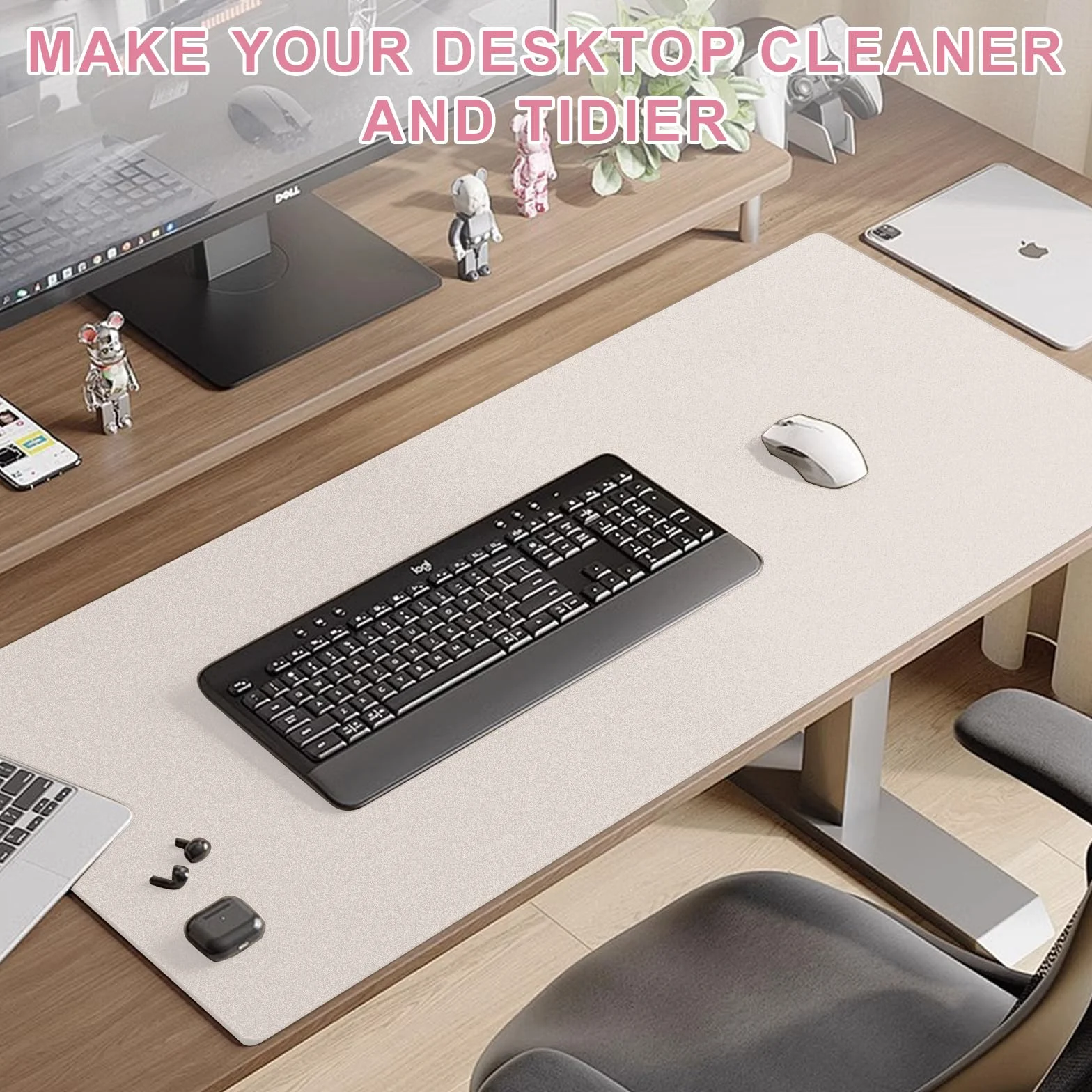 Tapis de Bureau en Cuir PU 80x40 cm Beige - Grand Tapis de Souris Imperméable