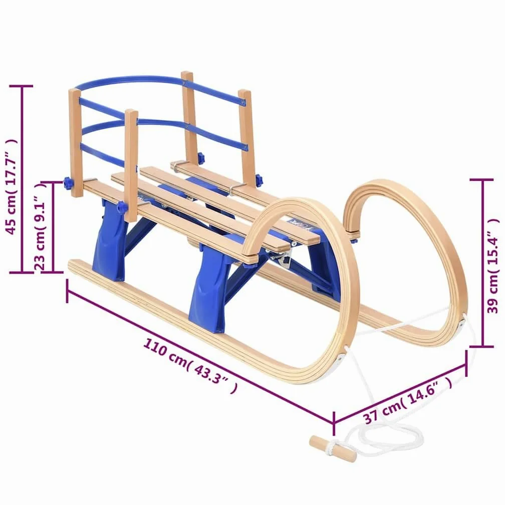 Luge pliante de 110 cm avec dossier, en contreplaqué avec patins en métal, corde de traction et design pliable pour enfants et adultes, luge en plein air en hiver sur la neige, les pistes et
