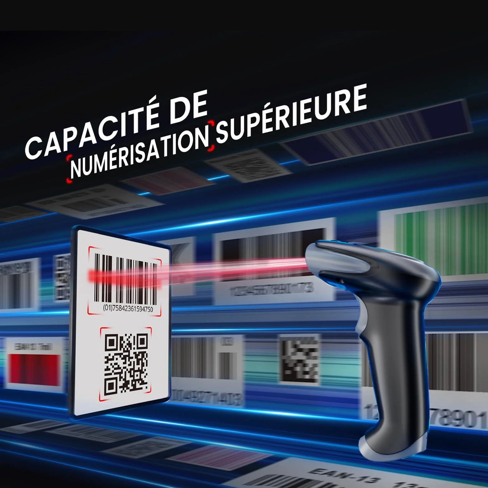 Eyoyo Douchette Code Barre 1D 2D QR Code, Lecteur Codes sans Fil Bluetooth 2,4 GHz USB Portable Gris