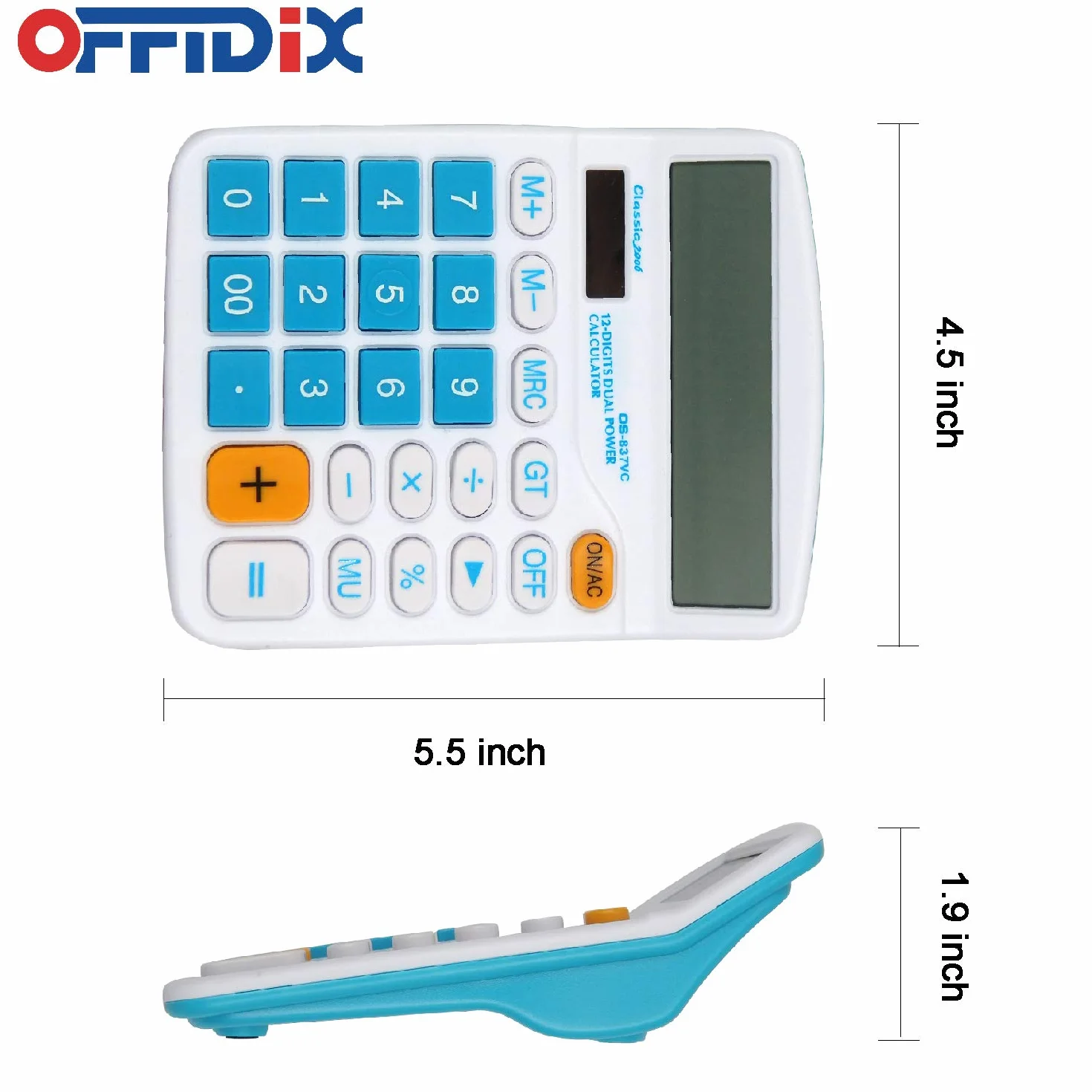 OFFIDIX Calculatrice Bureau Solaire et Batterie 12 Chiffres Grand écran LCD Bleu