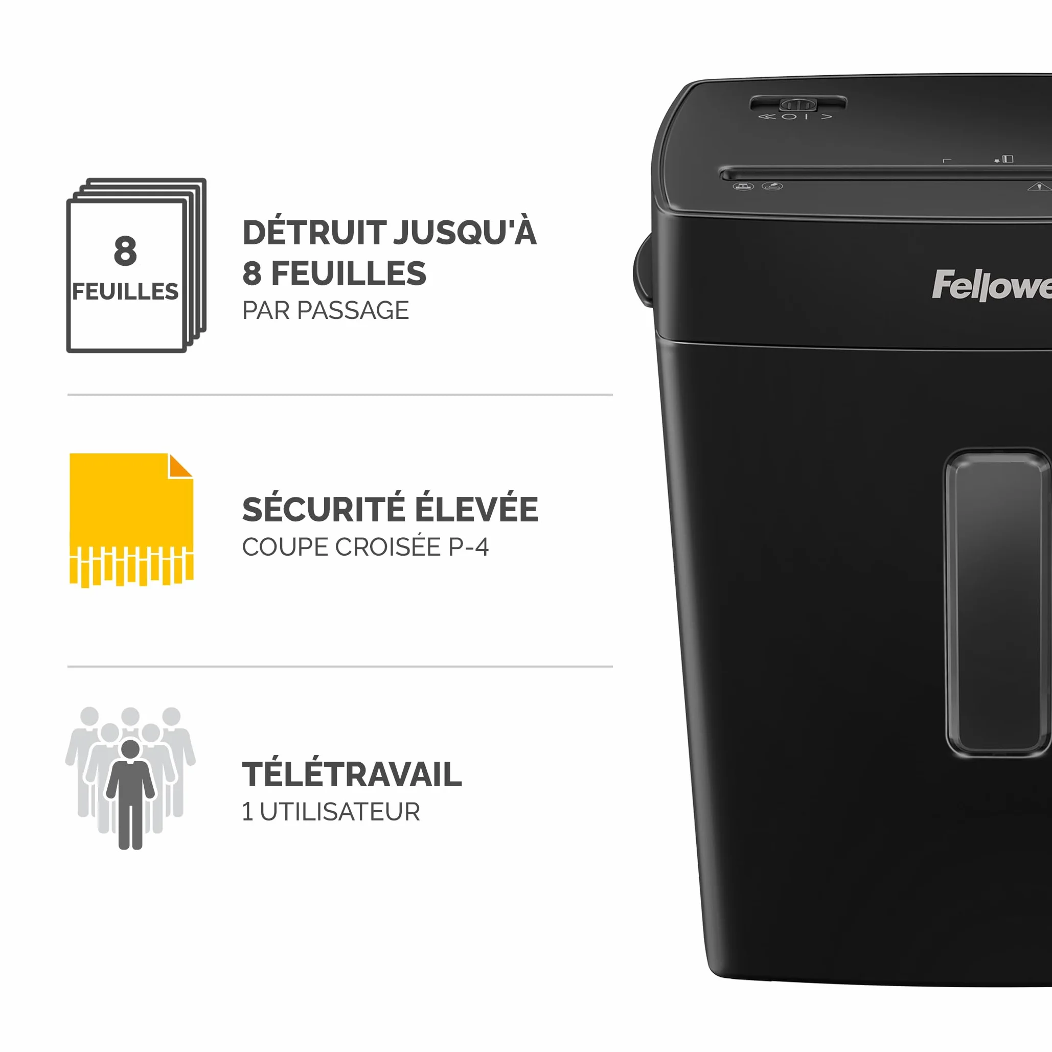 Fellowes Destructeur de documents FS-8C, coupe croisée, 8 feuilles, corbeille 15L, noir