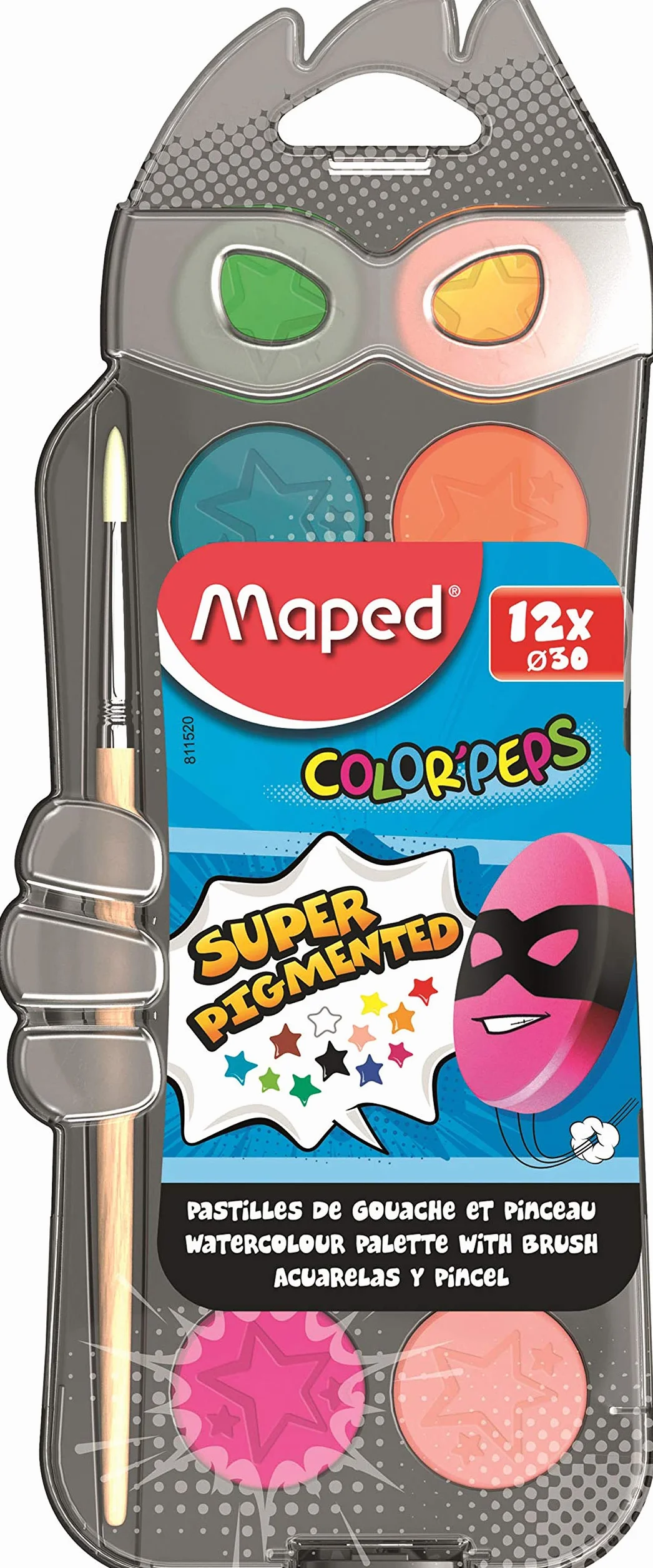 Maped Palette de Peinture à l'Eau 12 Pastilles de Gouache Pinceau Inclus Couleurs Vives