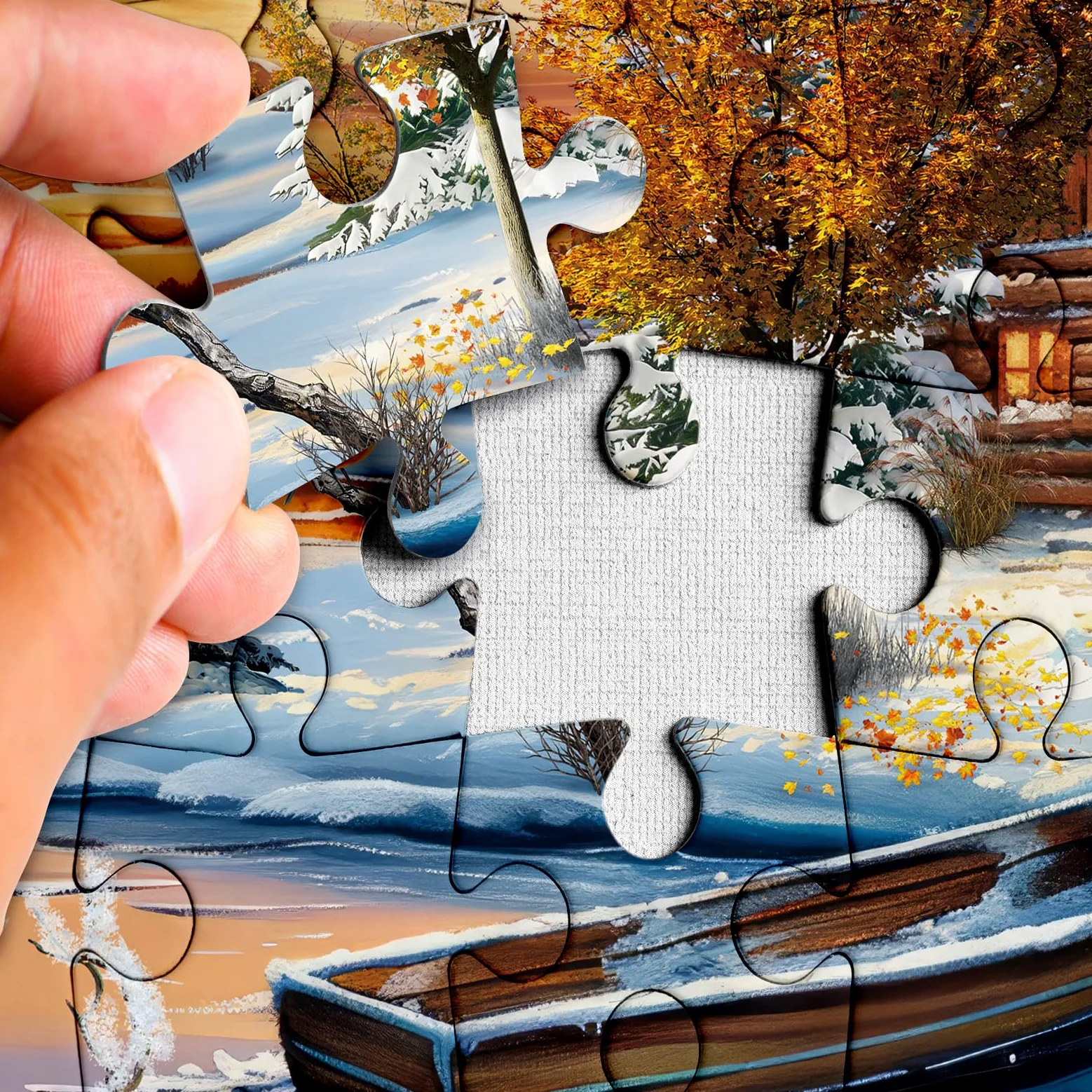 Puzzle paysage naturel d'hiver pour adultes 1000 pièces, joli coucher de soleil sur le lac maison arbre puzzles, puzzle enneigé scénique cabane rivière animal