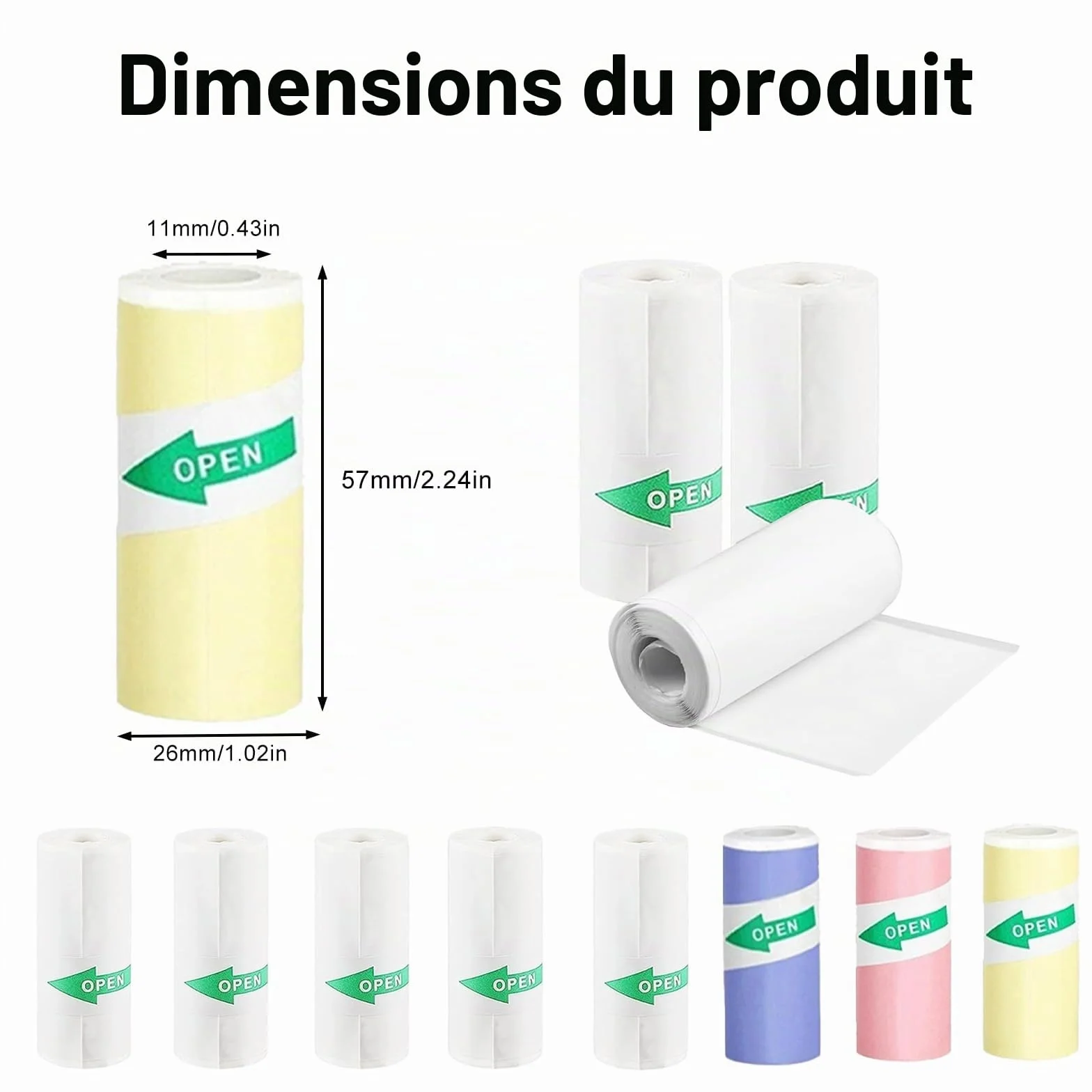 Papier Rouleau Mini Imprimante Thermique 57x25MM 8 Rouleaux 3 Couleur + 5 Blancs