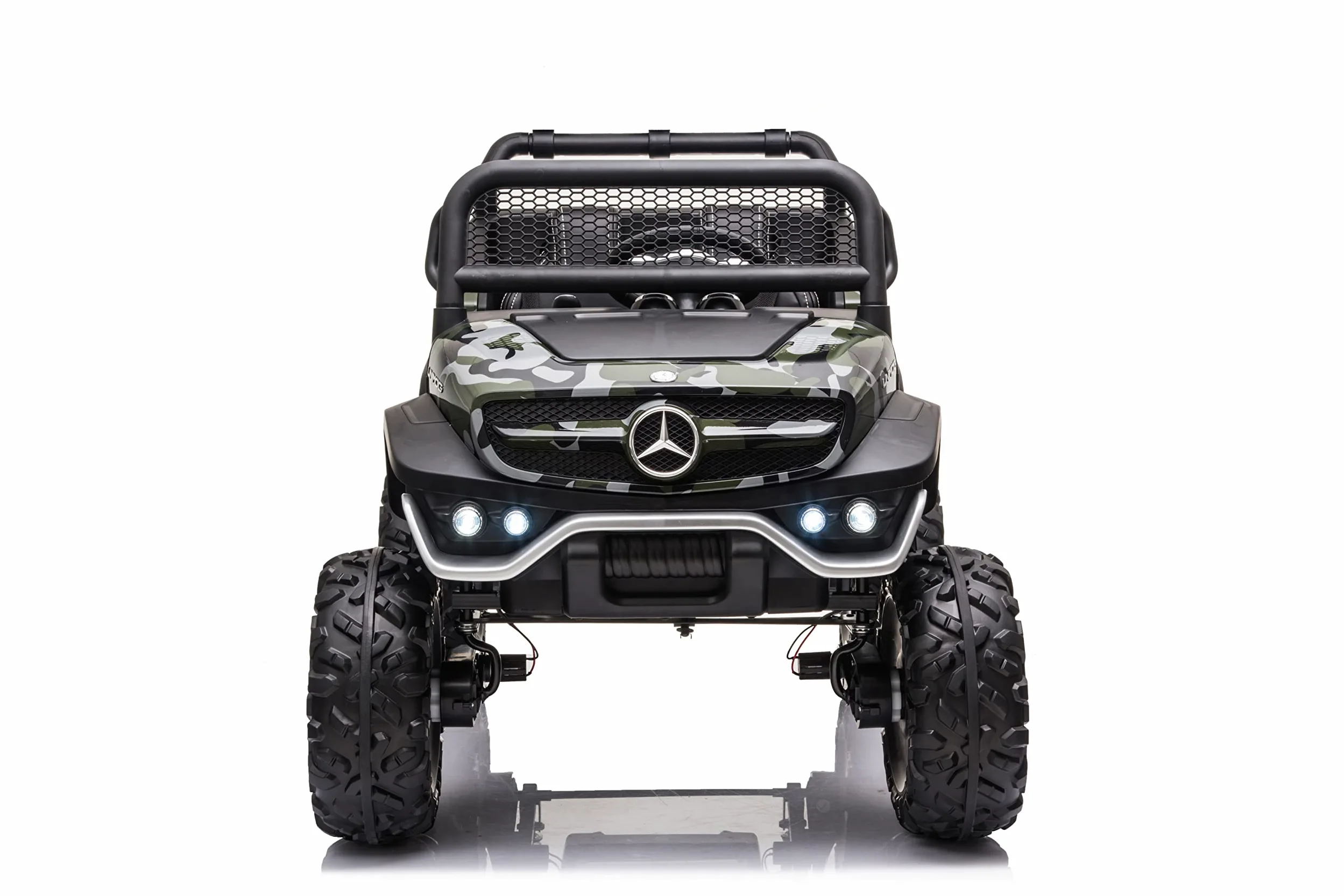 FINOOS Buggy 4x4 Voiture électrique Enfant Mercedes Unimog 12V, avec télécommande 2.4Ghz, Siège en Cuir et Roues en Gomme (EVA) 4 x Moteur 12V 45W, Batterie: 12V10Ah, 1-5 Ans (Camouflage)