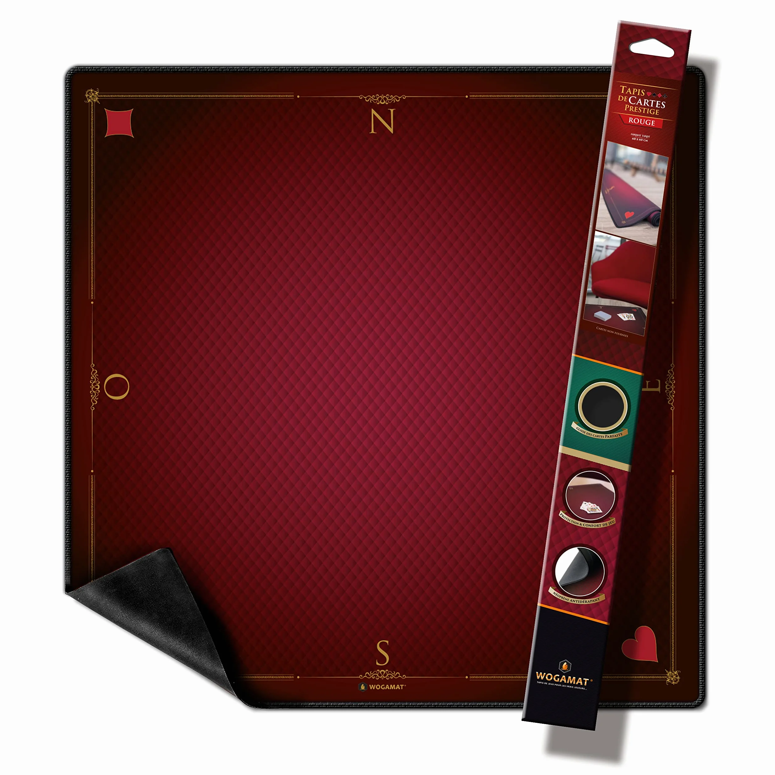 WOGAMAT Tapis De Carte À Jouer Luxe Rouge Poker Contrée Coinche 60 X 60 Cm Neoprene Epais Antiderapant