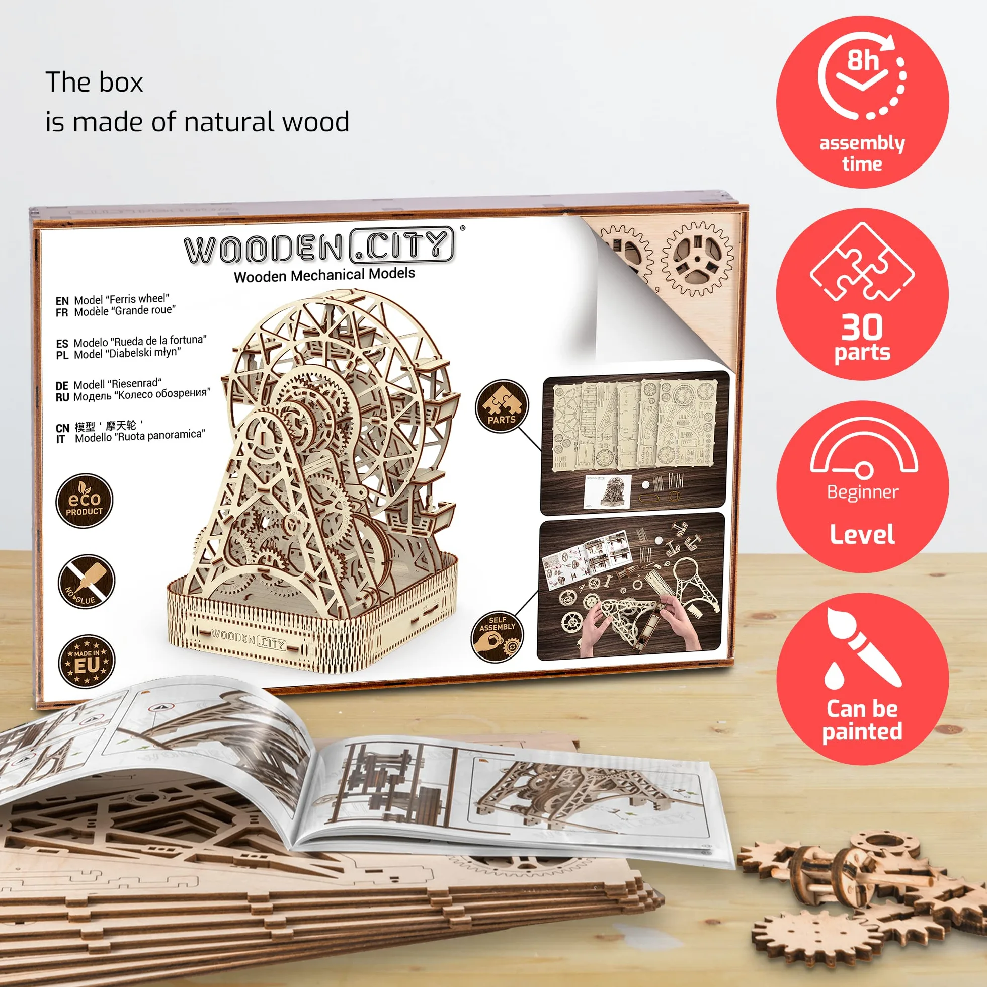 WOODEN.CITY Puzzle 3D Grande Roue Mécanique - Maquette en Bois à Construire - Puzzle Adulte - Découpe Laser - Cadeau Unique pour Homme, Mari, Partenaire, Collègue - 220mm x 260mm x 322mm