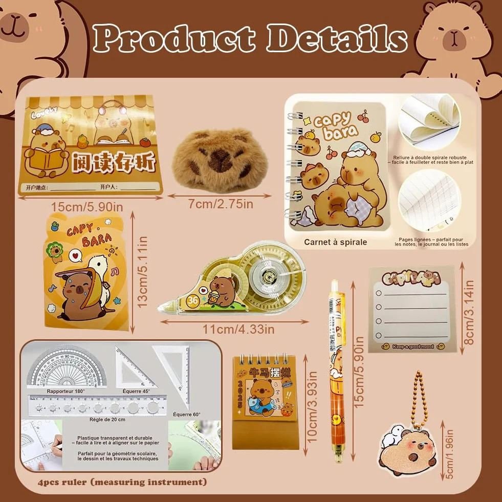 Capy-bara Kit de Papeterie Orange avec Ruban Correcteur, Stickers, Stylo, Bloc-Notes, Pendentif et Peluche