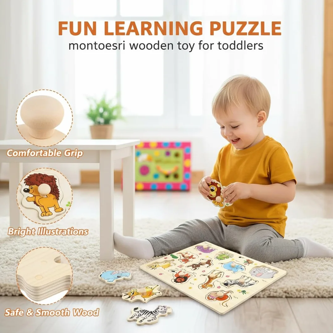 Puzzle en Bois Jouet Éducatif Animaux de la Jungle pour Enfants 1-3 Ans