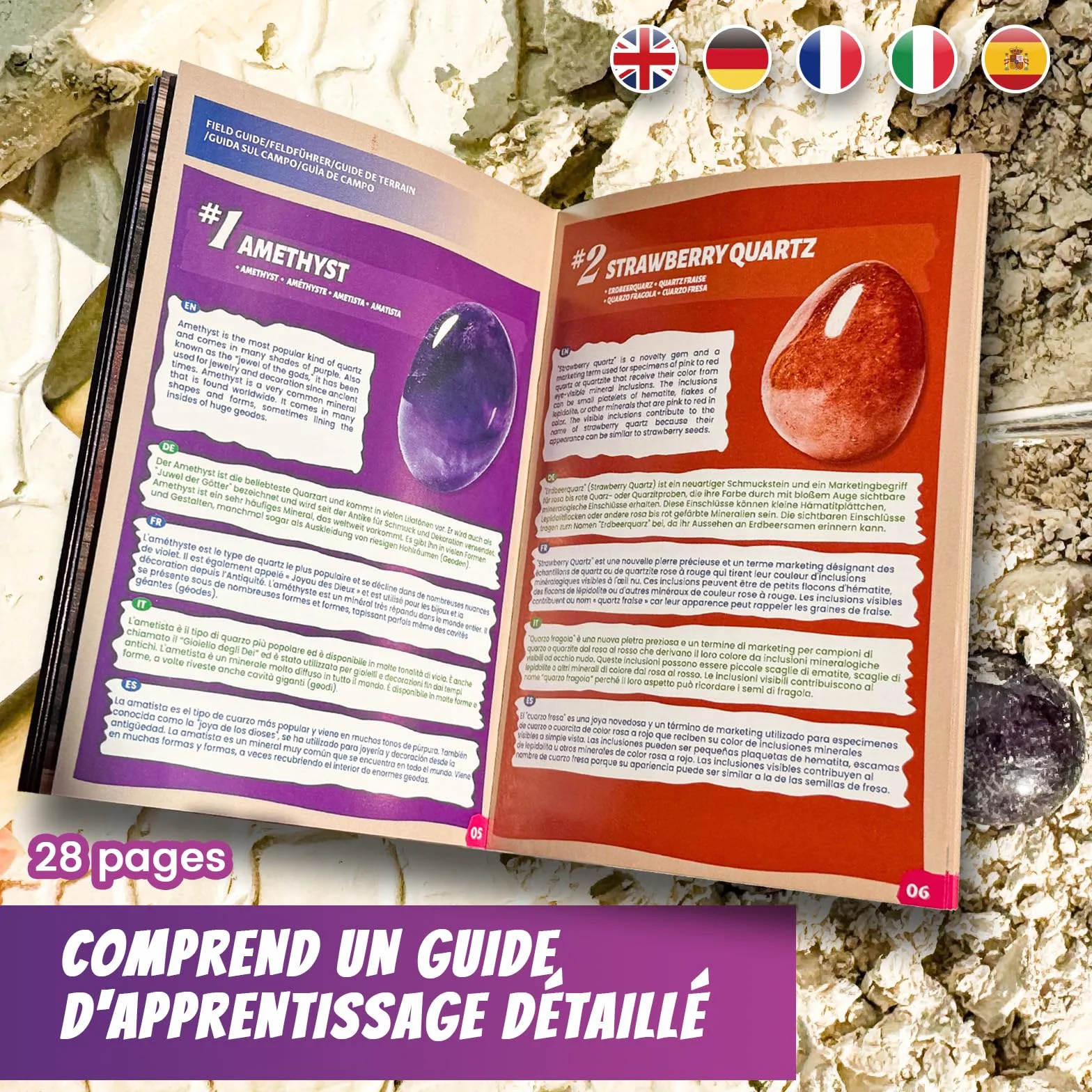 Kit de Fouille de Pierres Précieuses pour Enfants – 18 Cristaux, Minéraux et Roches Réels – Dès 8 Ans