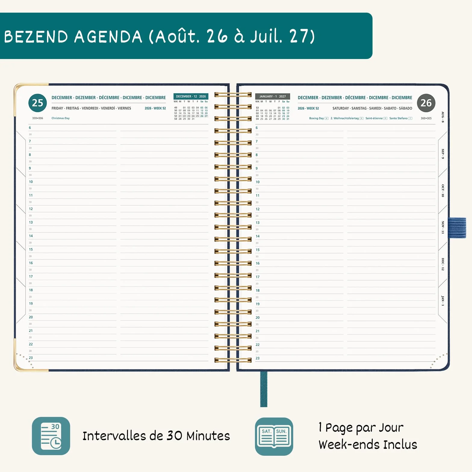 BEZEND Agenda Scolaire 2026-2027 A4 Journalier Spirale 28x22 cm 12 Mois Protège-coins Métal Dorés Couverture Rigide Cuir PU Rose