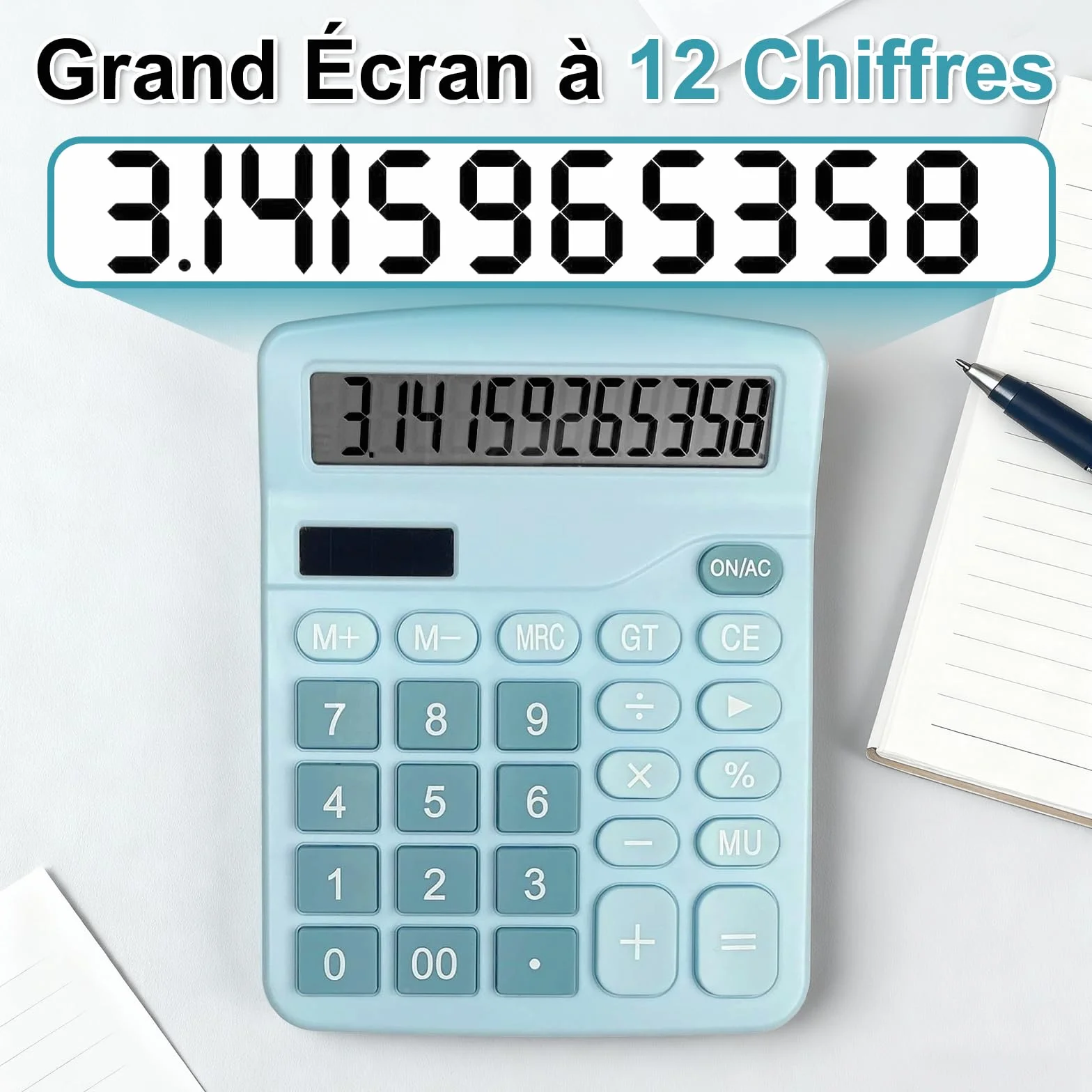 Calculatrice de Bureau 12 Chiffres Écran LCD Solaire et Batterie Grands Boutons Noir Bleu Ciel