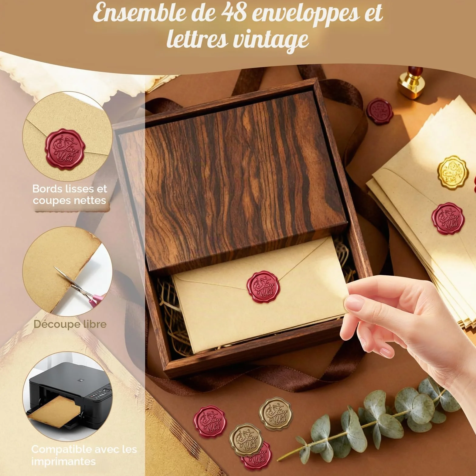 Ensemble de Papeterie Vintage 16 Enveloppes Papier Kraft Lettre Autocollants Sceau Cire Mariage