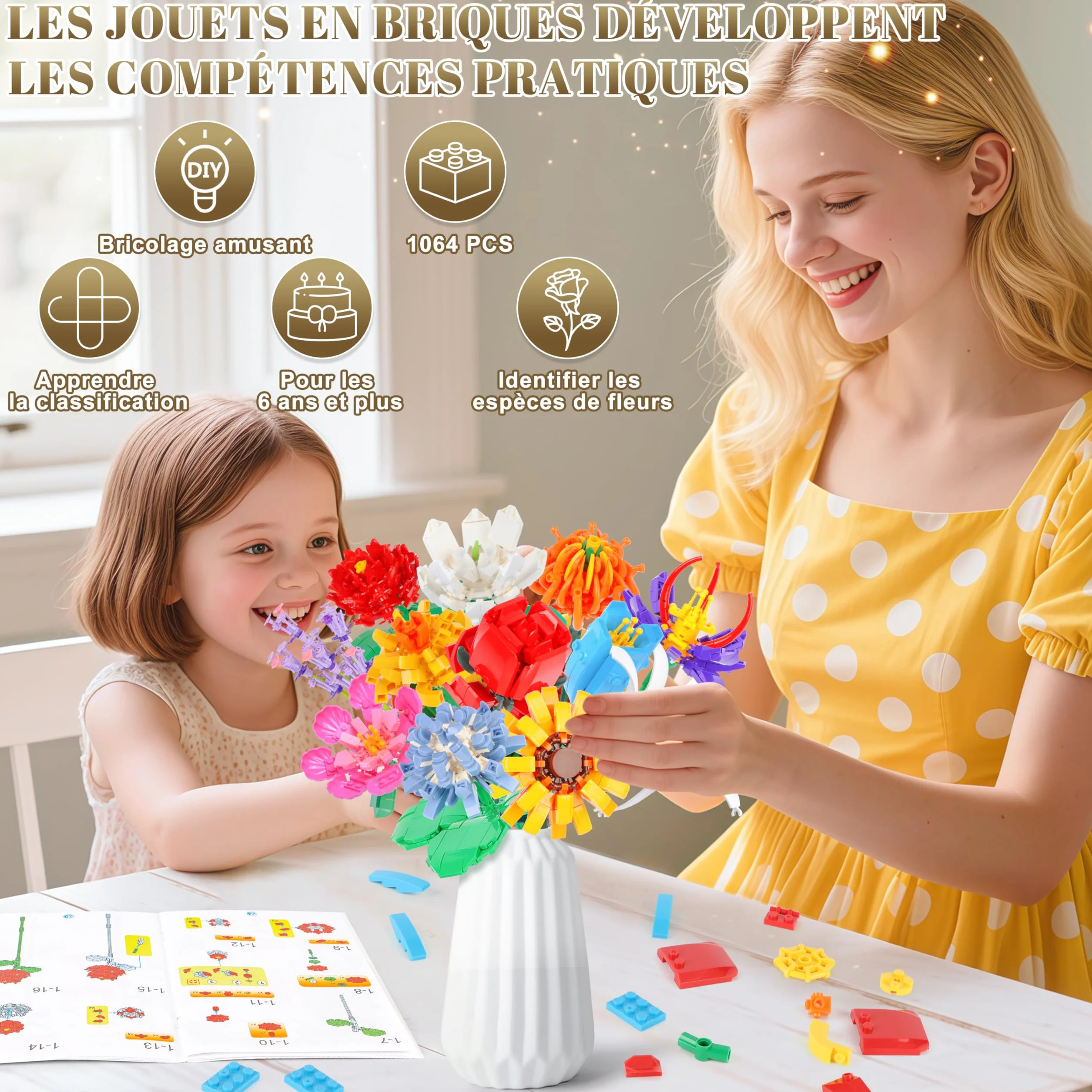 Kit de Construction Bouquet de Fleurs Charmofun, 1064PCS LED Blocs de Fleurs, 12 Types de Bouquets, Cadeau Fête des Mères Anniversaire Noël