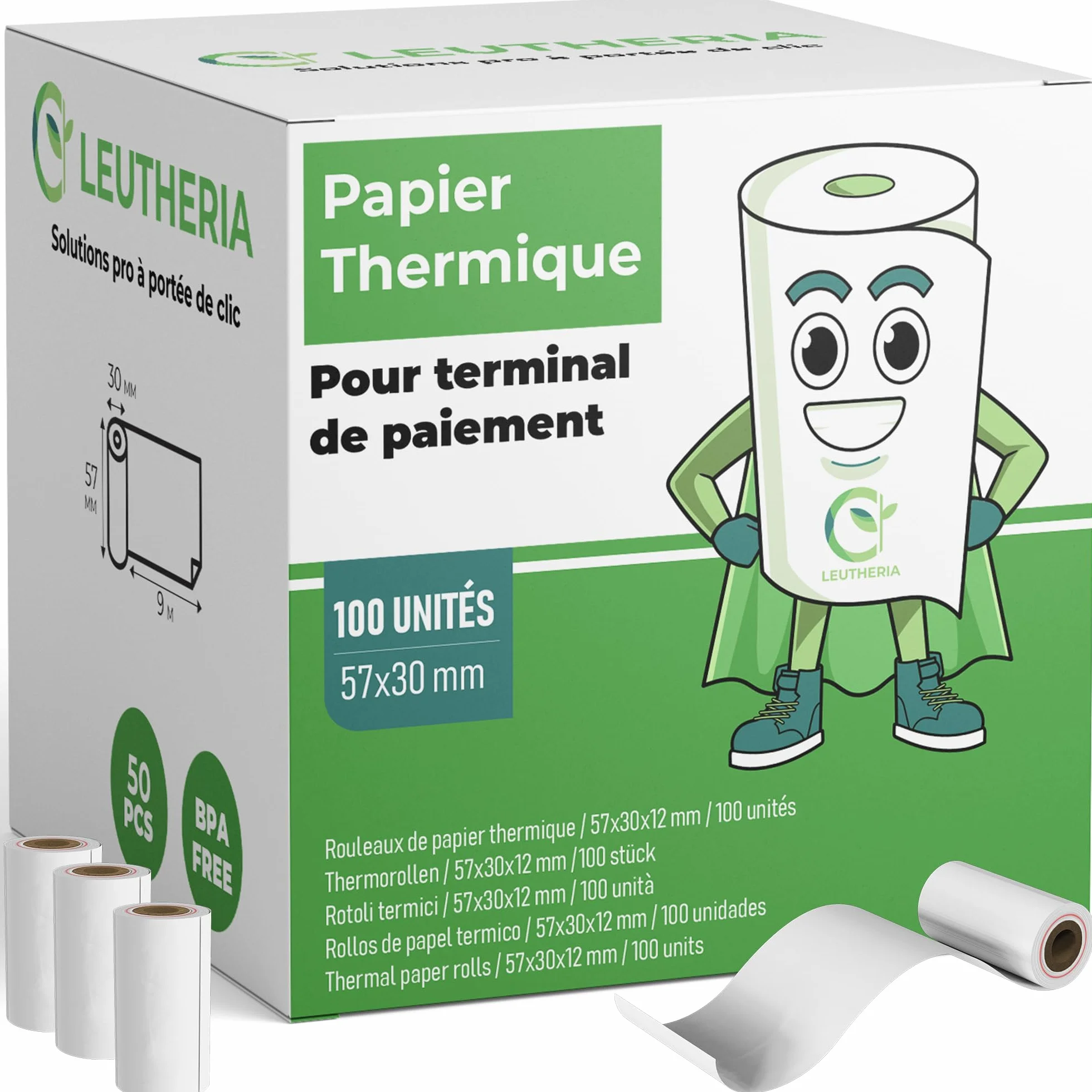 Bobines papier thermique 57x30x12mm sans BPA pour carte bleue ticket de caisse rouleaux CB