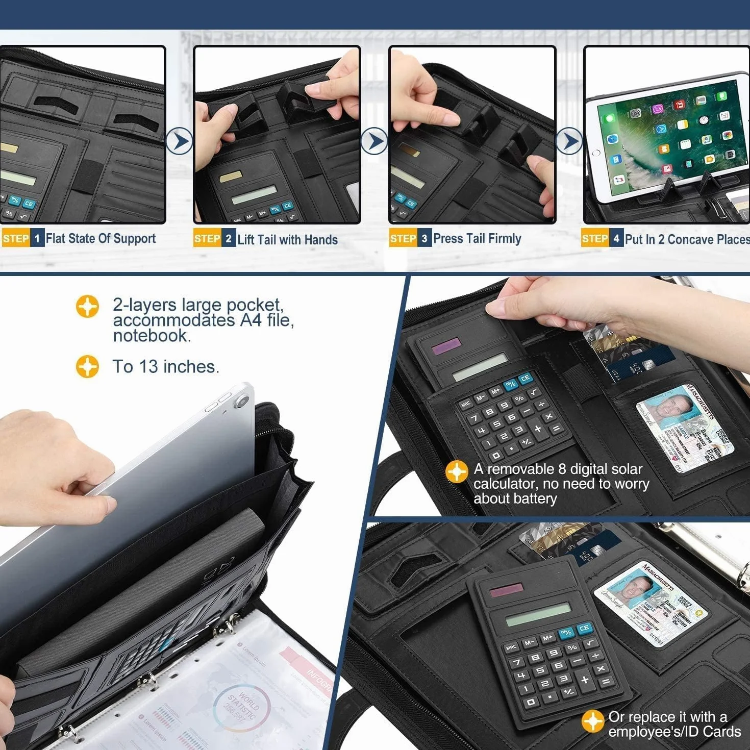 WONSEFOO Porte-documents A4 avec anneaux en cuir, grands compartiments, poignées magnétiques pliables, support tablette smartphone, 5 compartiments cartes