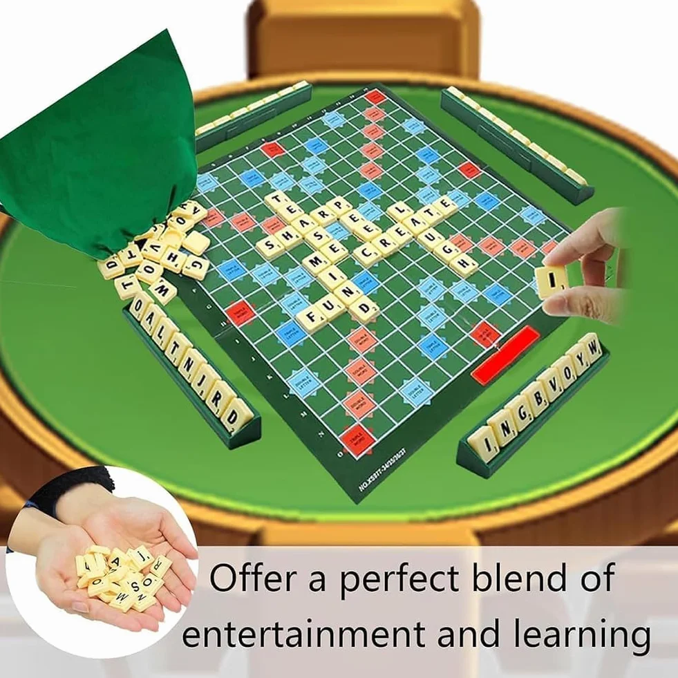 Jeu de Société Éducatif Mots Classique avec 100 Lettres Plateau 4 Chevalets Sac Apprentissage Orthographe Enfants 6 Ans+
