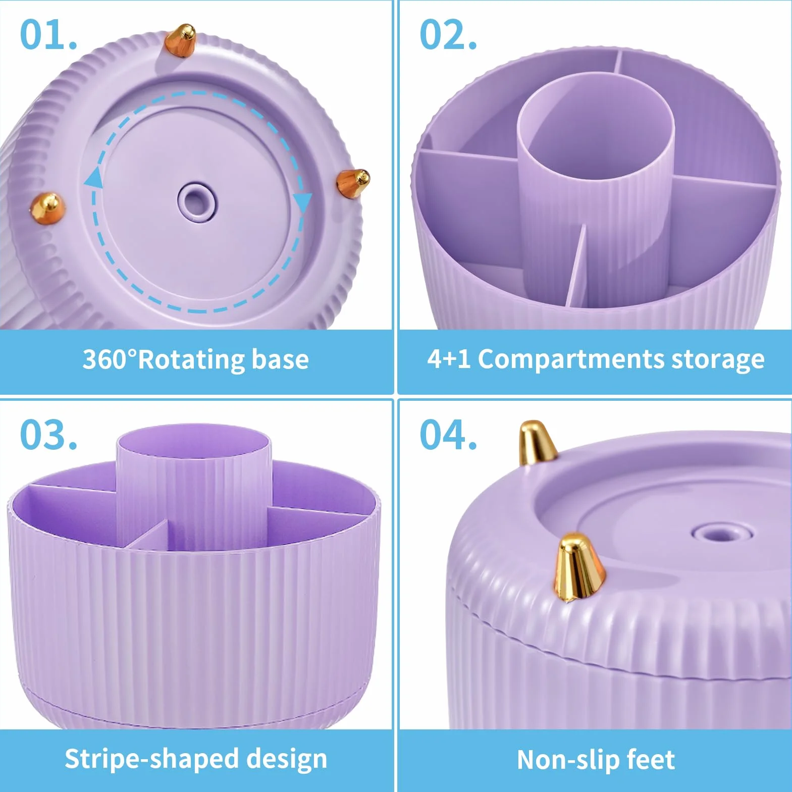 Marbrasse Organisateur de Bureau Rotatif 360 Degrés 5 Compartiments Porte-Crayons Rangement Violet