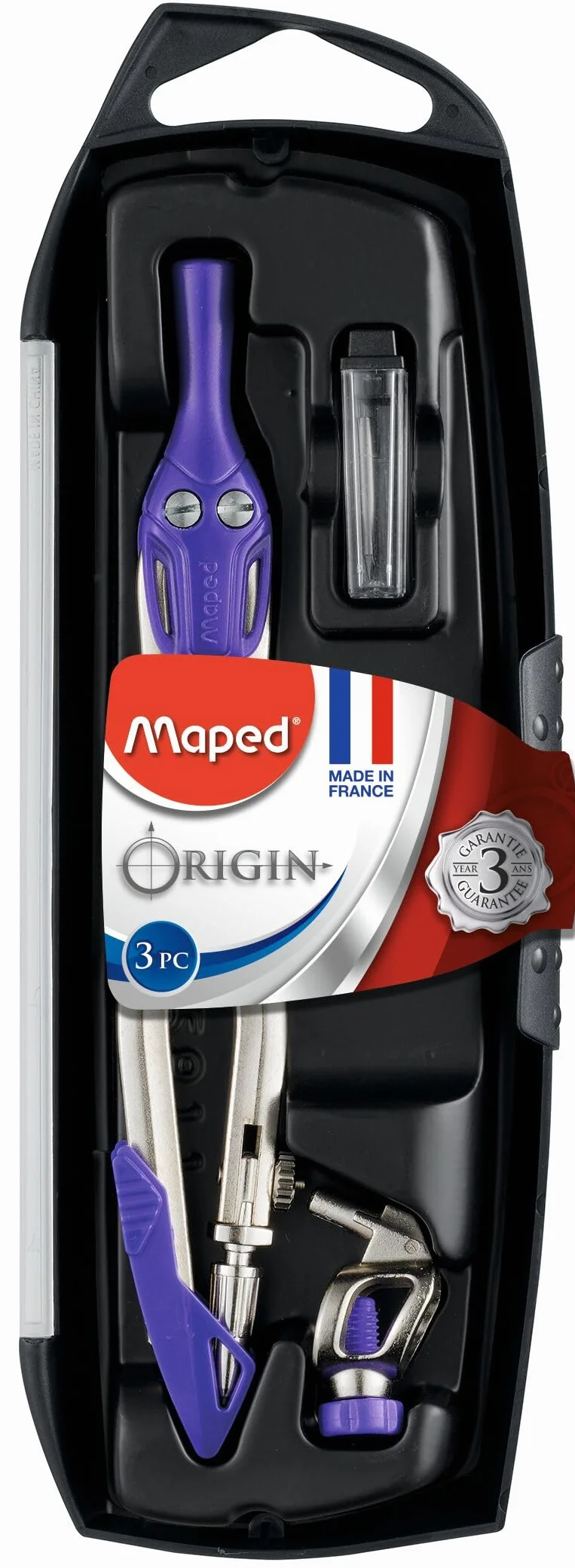 Maped Coffret Origin 3 Pièces Compas Scolaire Bague Universelle Étui-Mines Branches Acier