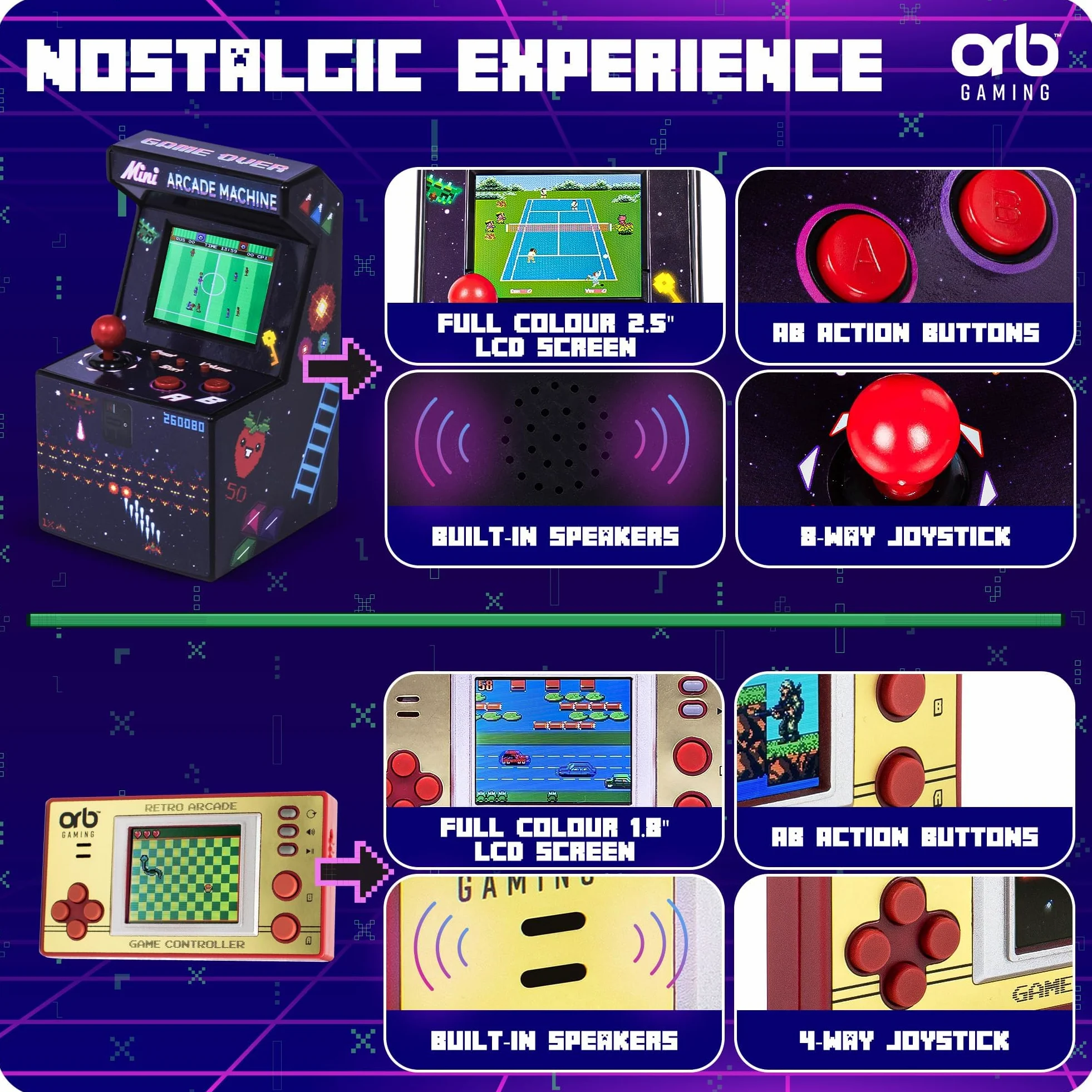 Orb Mini console de jeux portable rétro et ensemble d'arcade – 1 console de jeux intégrée de 150 et 1 x 240 jeux d'arcade intégrés, écran LCD couleur Thumbs Up!
