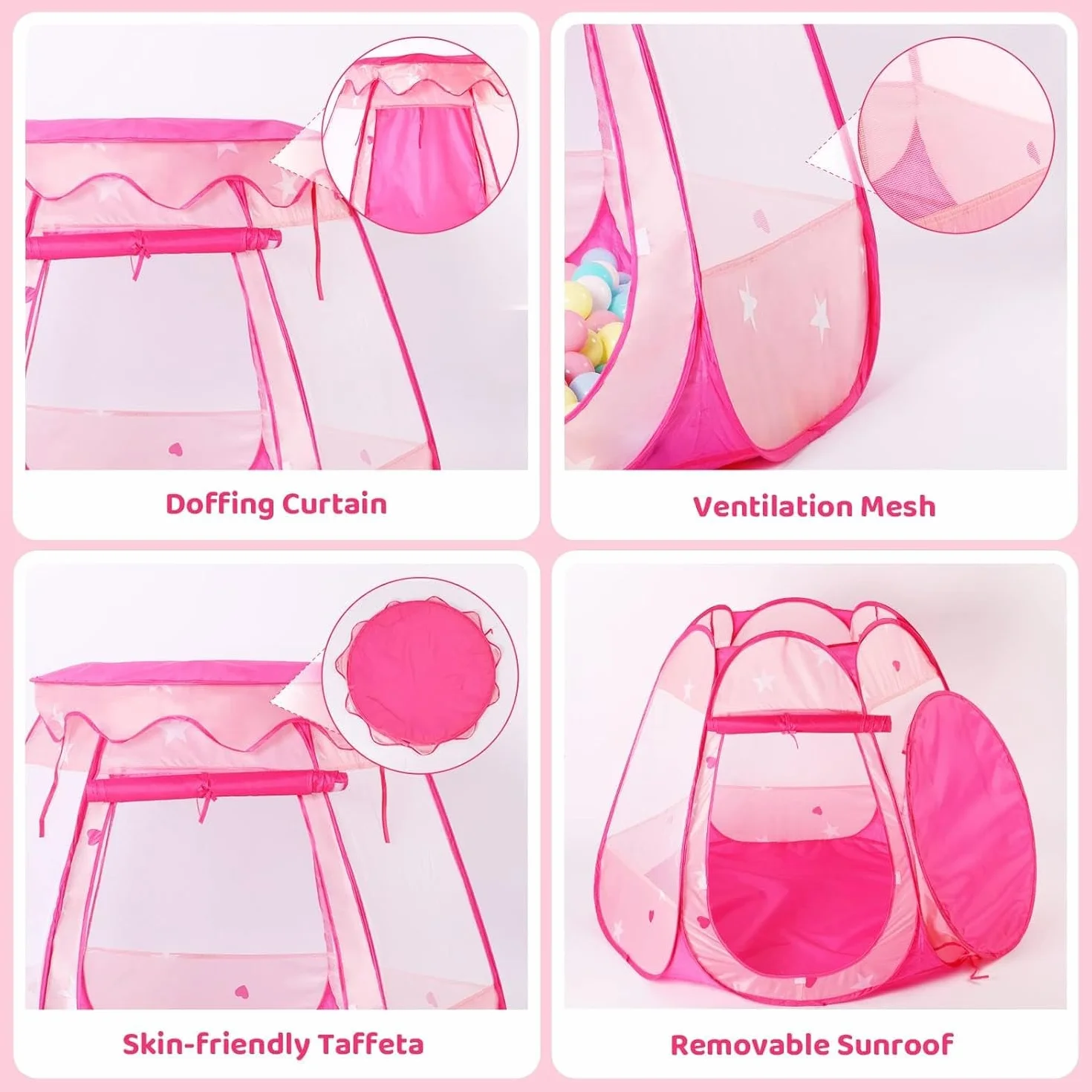 KAHEIGN Tente de Princesse Pop-Up 115CM x 90CM Pliable Piscine à Balles Rose avec Sac de Transport