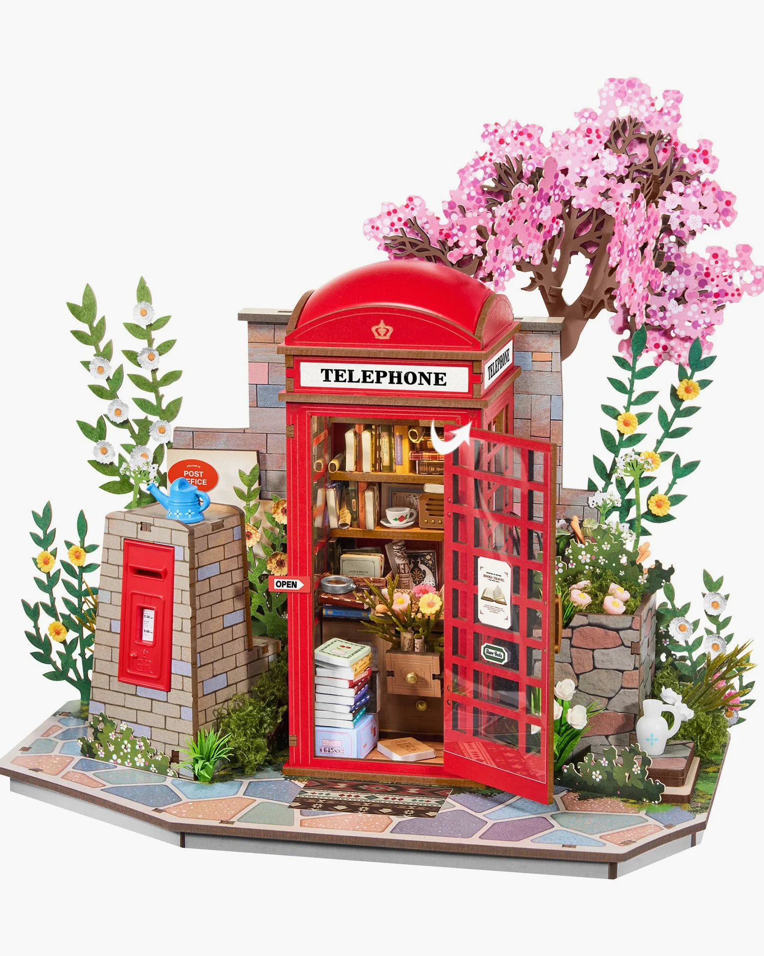Rolife Puzzle 3D en Bois Cabine Téléphonique Rouge de Londres Maquette pour Adultes à Construire Blossom Kiosque à Livres Jeu de Construction avec Éclairage LED Décoration Intérieure Cadeau Créative