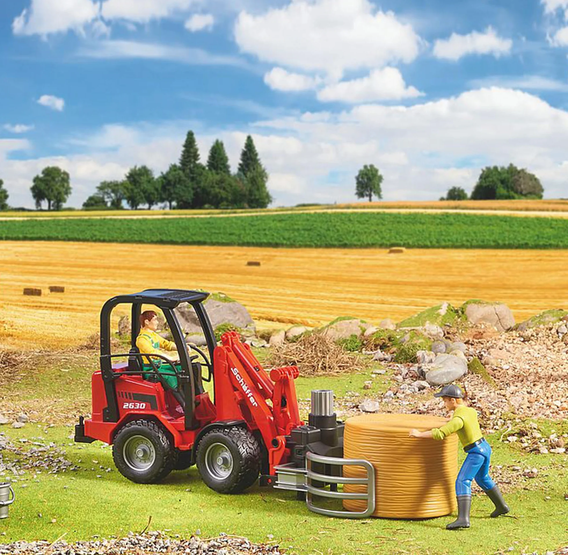 Bruder 02192 Schäffer Hoflader 2630 mit Frontschaufel, Ballengreifange & Rundballen 1:16 Véhicules Agriculture Ferme