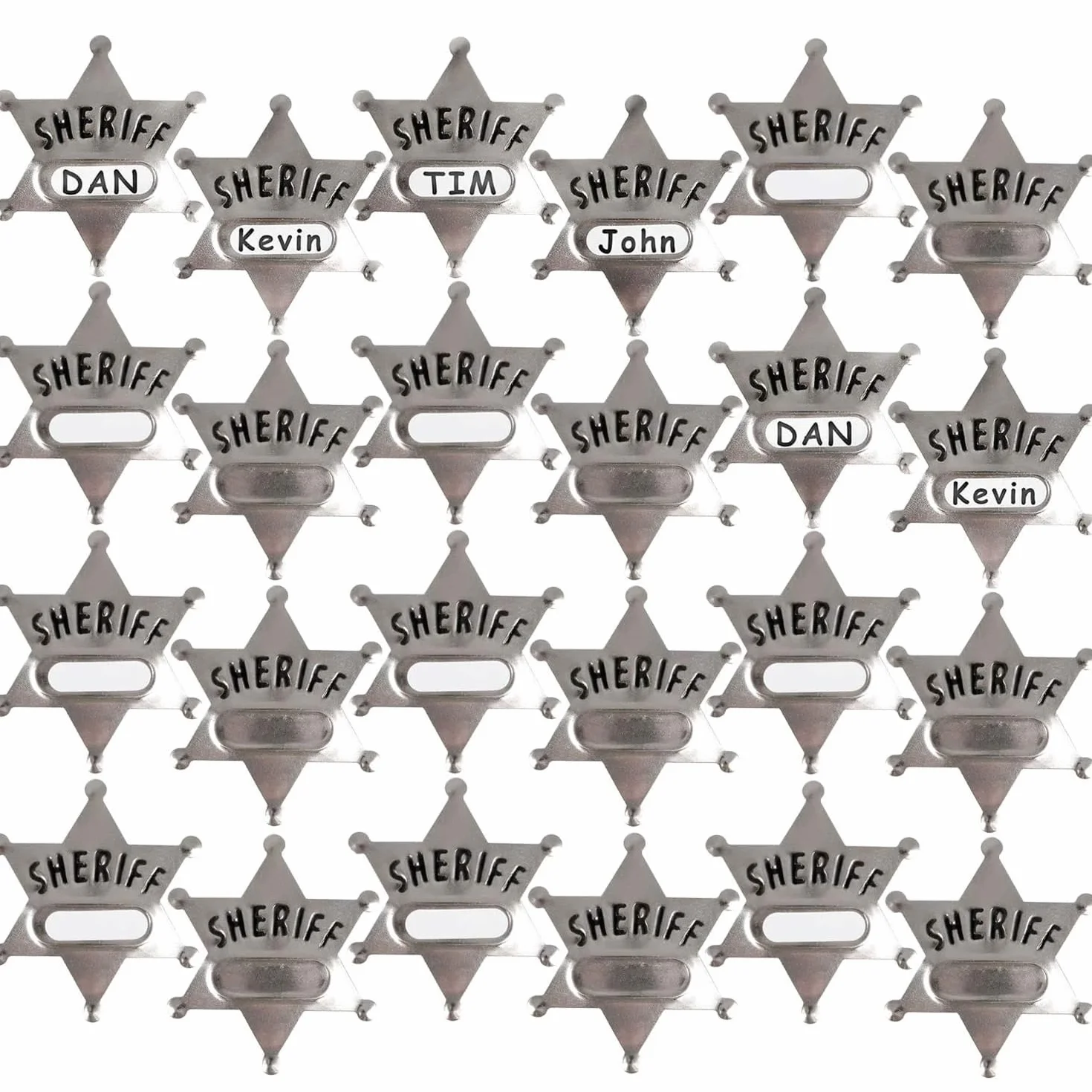 Badges de shérif en métal – Lot de 24, Silver Star Badges nominatifs Western Cowboy pour enfants