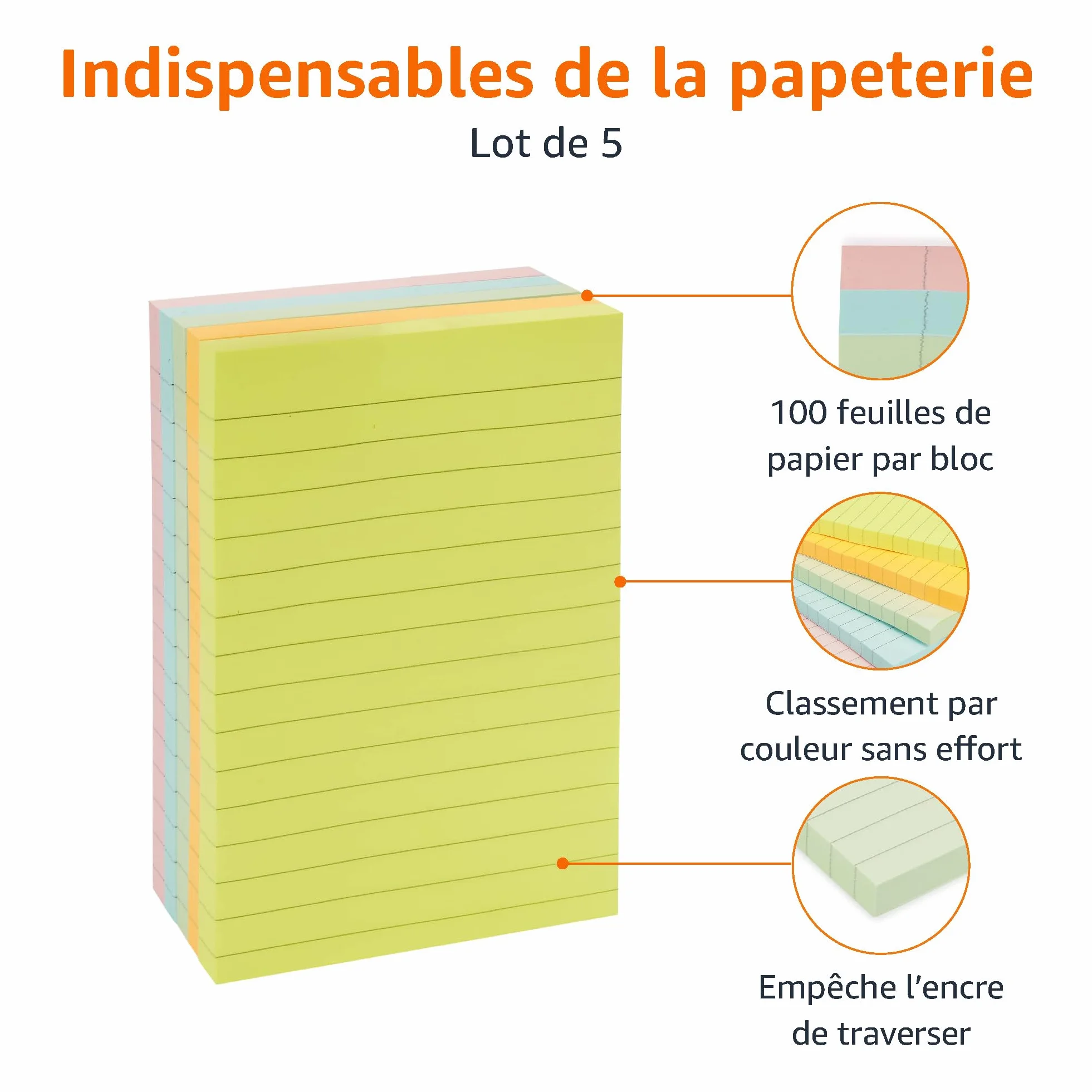 Amazon Basics Carrée blocs de feuillets autocollants lignés 102 x 152 mm Lot de 5