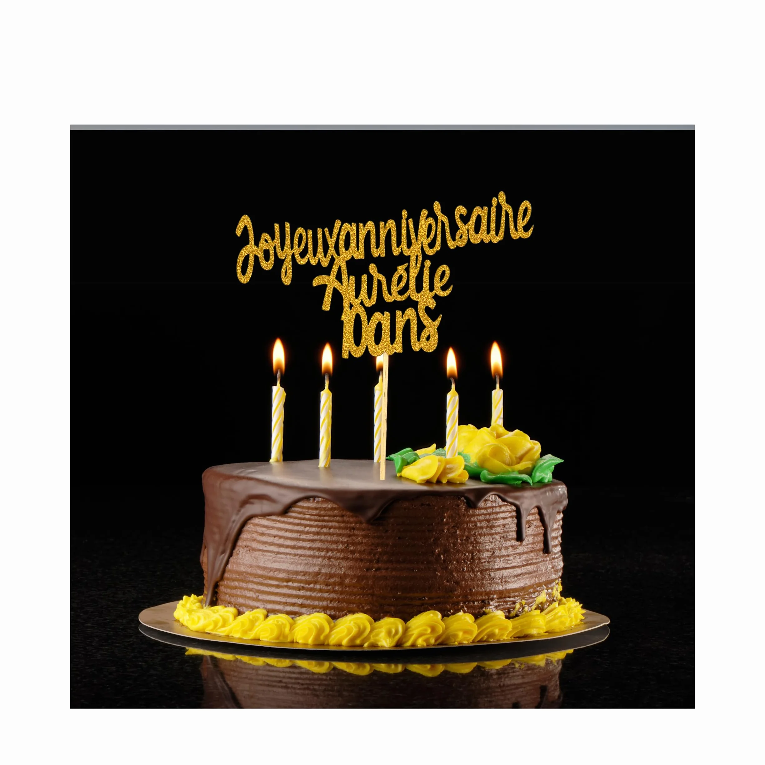 Cake Topper Joyeux Anniversaire Personnalisé Doré Pailleté Recto Verso Décoration Gâteau Anniversaire