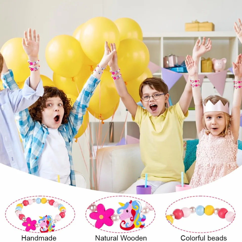 Bracelet Enfant Fille Coloré Bois Fleur Coeur Papillon Bijoux Élastique