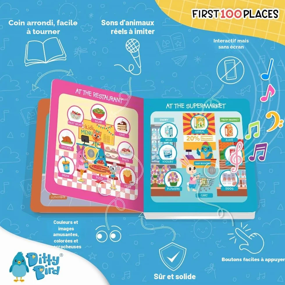 Ditty Bird Livres Parlants 100 Lieux 100 Mots Livres Cartonnés interactifs pour bébés 1-3 Ans