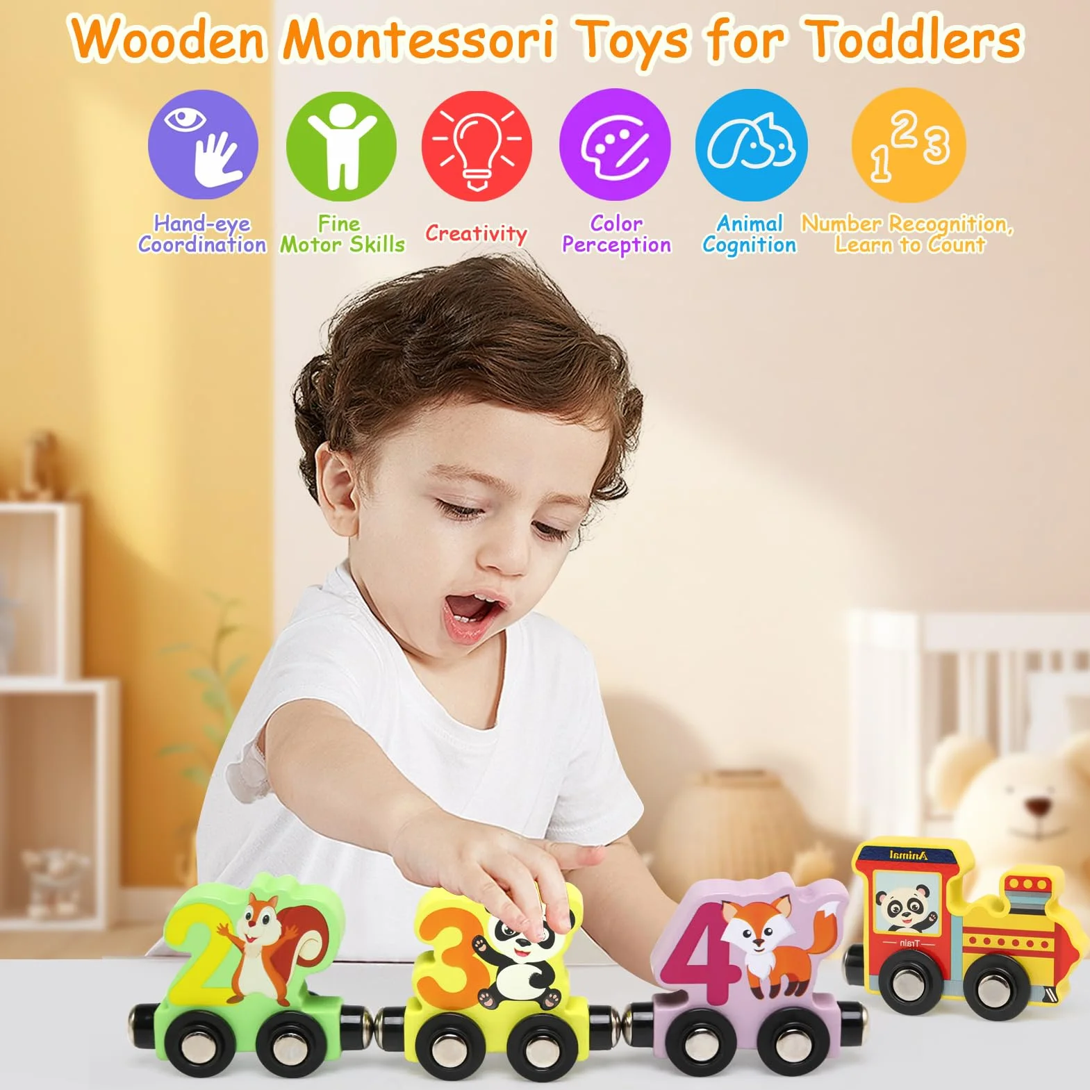 Train Jouet en Bois pour Enfant, Aimant Numéro Set, Montessori Voitures à Moteur Magnétique, Jeux Educatif 1-4 Ans