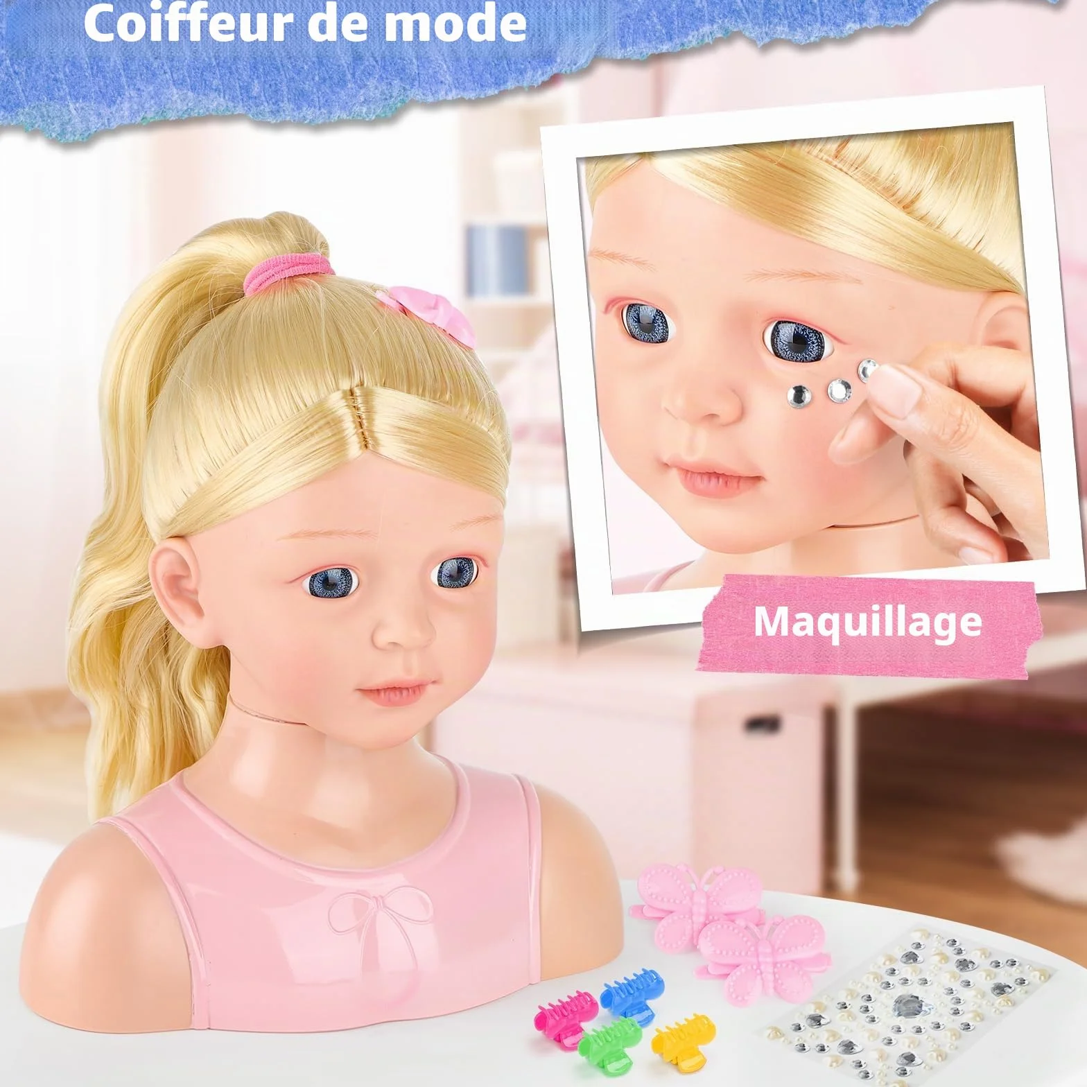 deAO Tête à Coiffer Enfant 27Pièces, Poupée Coiffure et Maquillage, Jouet Coiffure Créative pour Filles 3-10 Ans