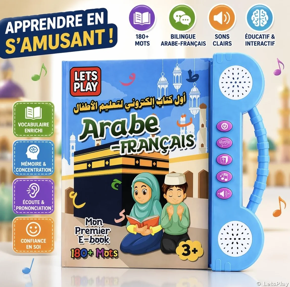 LetsPlay Livre Sonore Arabe Français Alphabet 180+ Mots Jouet Éducatif Enfant 3-8 Ans