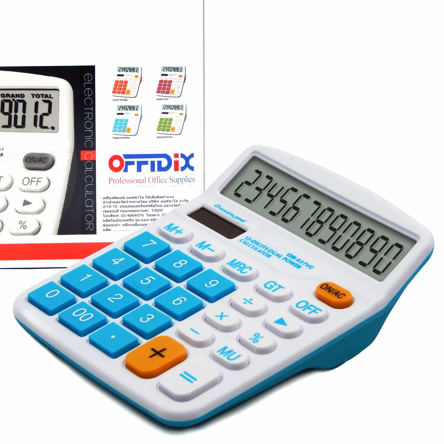 OFFIDIX Calculatrice Bureau Solaire et Batterie 12 Chiffres Grand écran LCD Bleu