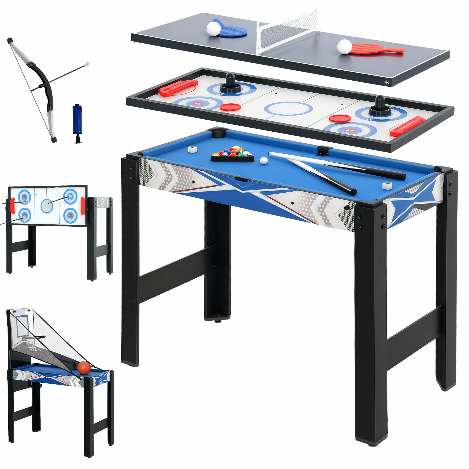SPORTNOW Table de Jeux Multifonctions 5 en 1 Compacte Billard Bleu | Ping-Pong, Jeu de Palets, Mini Basket, Tir à l'Arc, Table Multi-Jeux