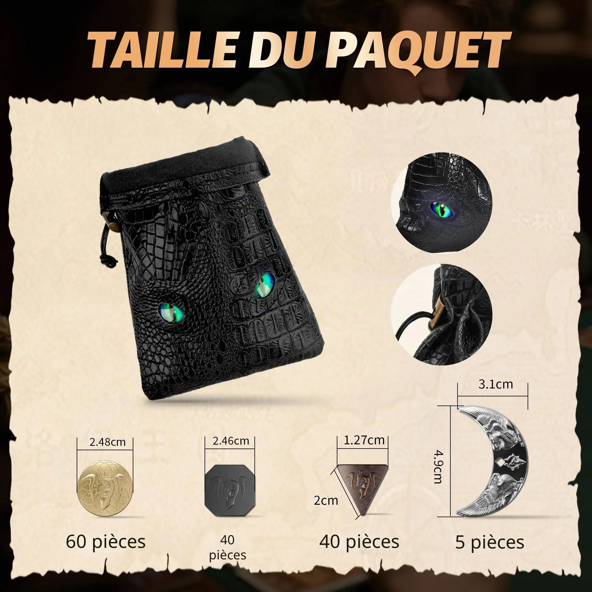 Byhoo 145 pièces jetons de jeu en métal avec sac en cuir qui brille dans la nuit