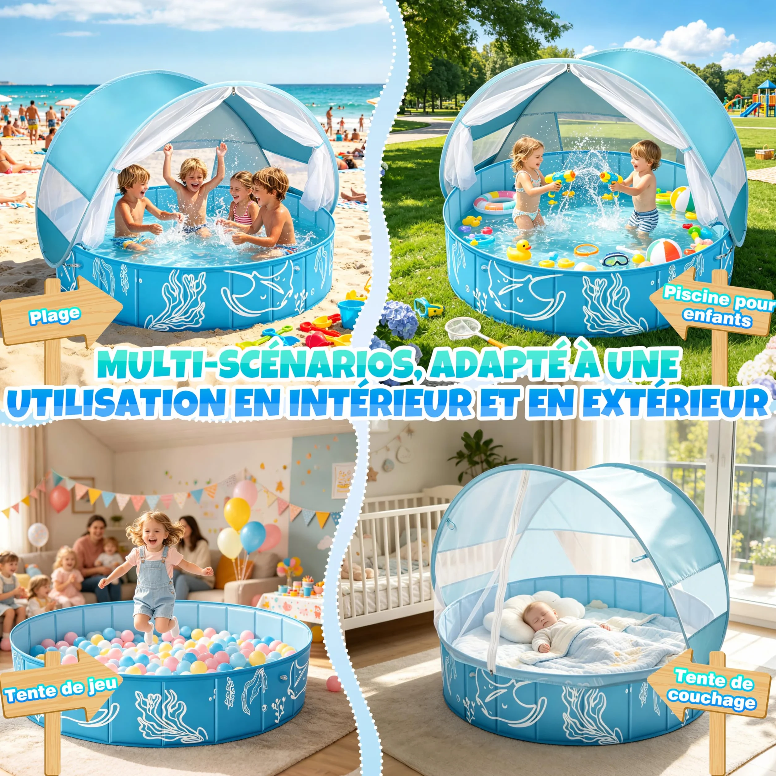 Piscine Bébé 4 en 1 120×30 cm Anti UV SPF50+ avec Auvent Pliable Tente de Plage Pour Jardin
