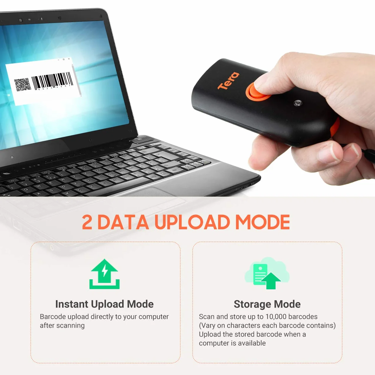Tera Mini Bluetooth 5.0 Bezprzewodowy Czytnik Kodów Kreskowych 1D 2D 3-en-1 USB Scanner QR Kodów Smartphone iOS Android Windows