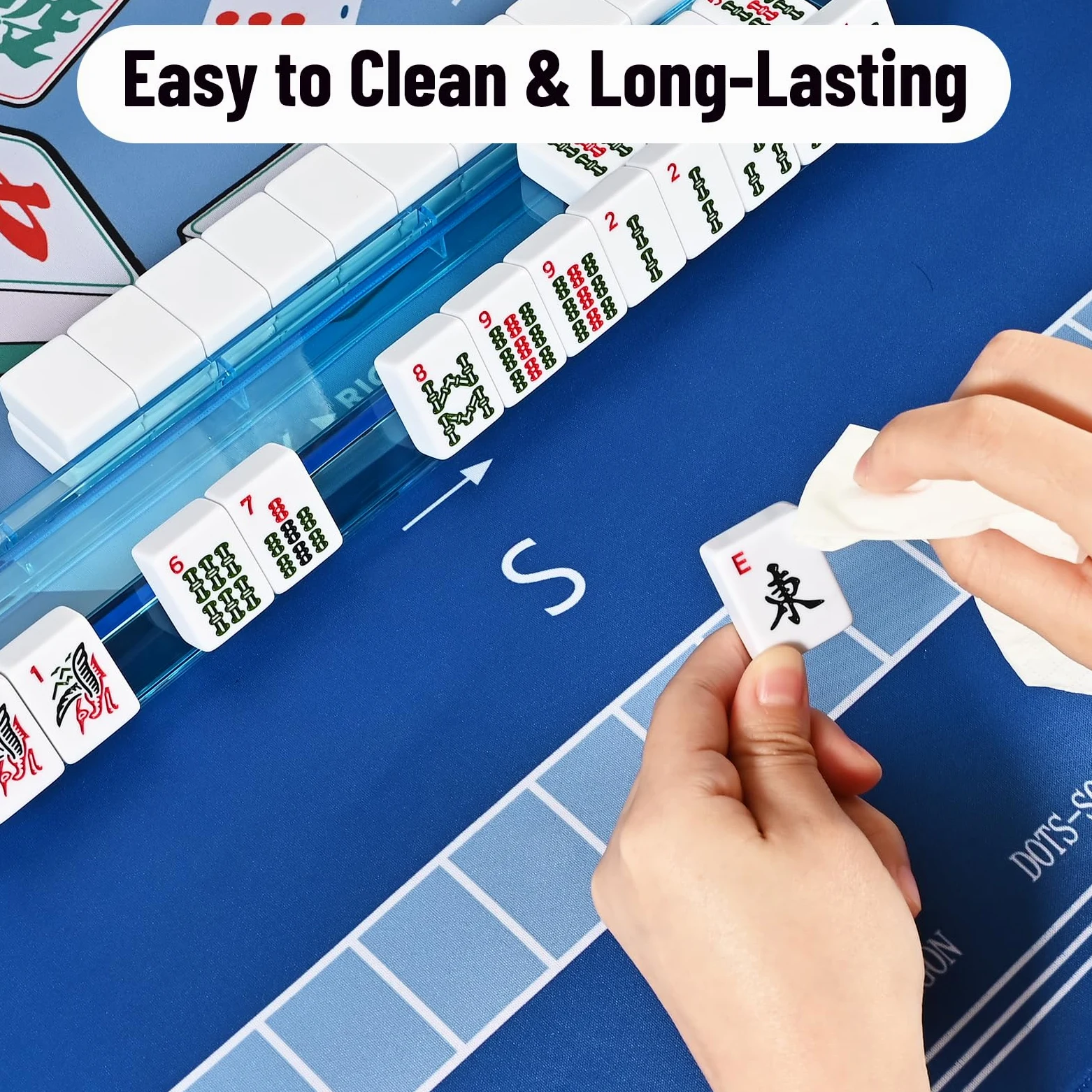 Goldge Ensemble de mahjong américain – 166 carreaux de mahjong blancs | 4 supports de couleur tout-en-un avec poussoirs, 3 dés, sac de transport bleu portable - Ensemble complet de jeu de Mahjong